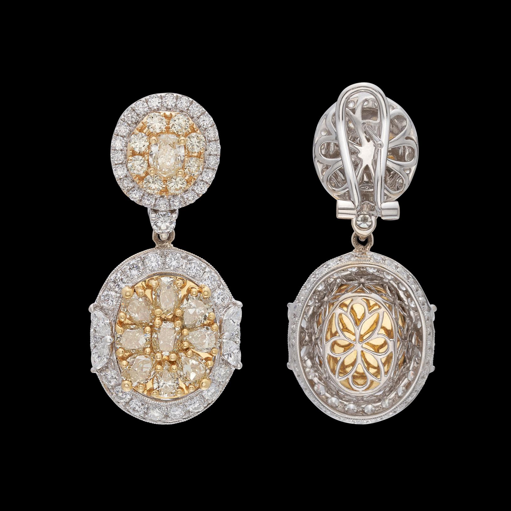 18kt Yellow and White Diamond Drop Earrings For Sale 2