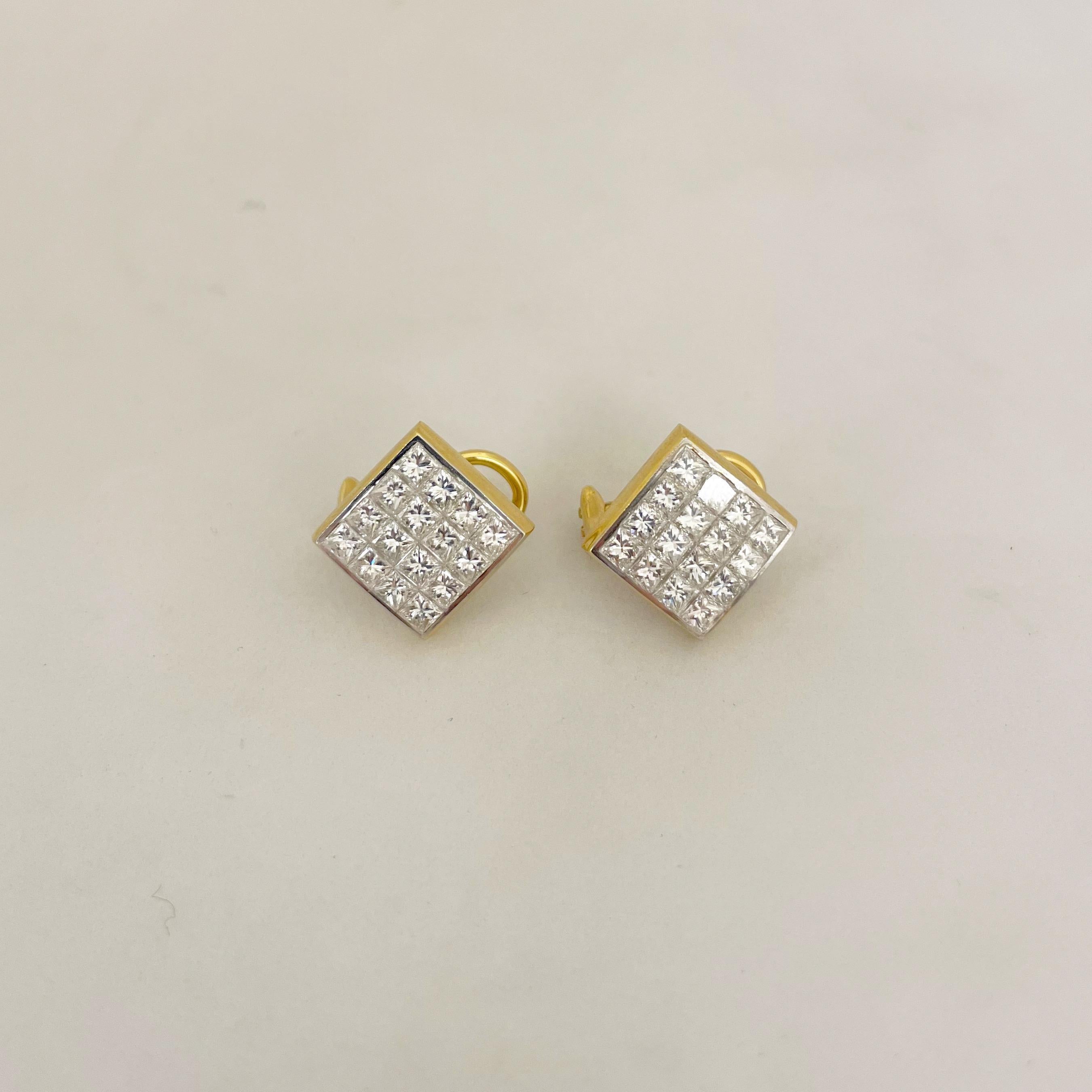These ultra brilliant square diamond stud earrings are comprised of 2.95 carats of princess cut diamonds, invisibly set in 18Kt white gold as to not take away from the natural fire of the stones. 
French Clip back, Can be adjusted for non pierced