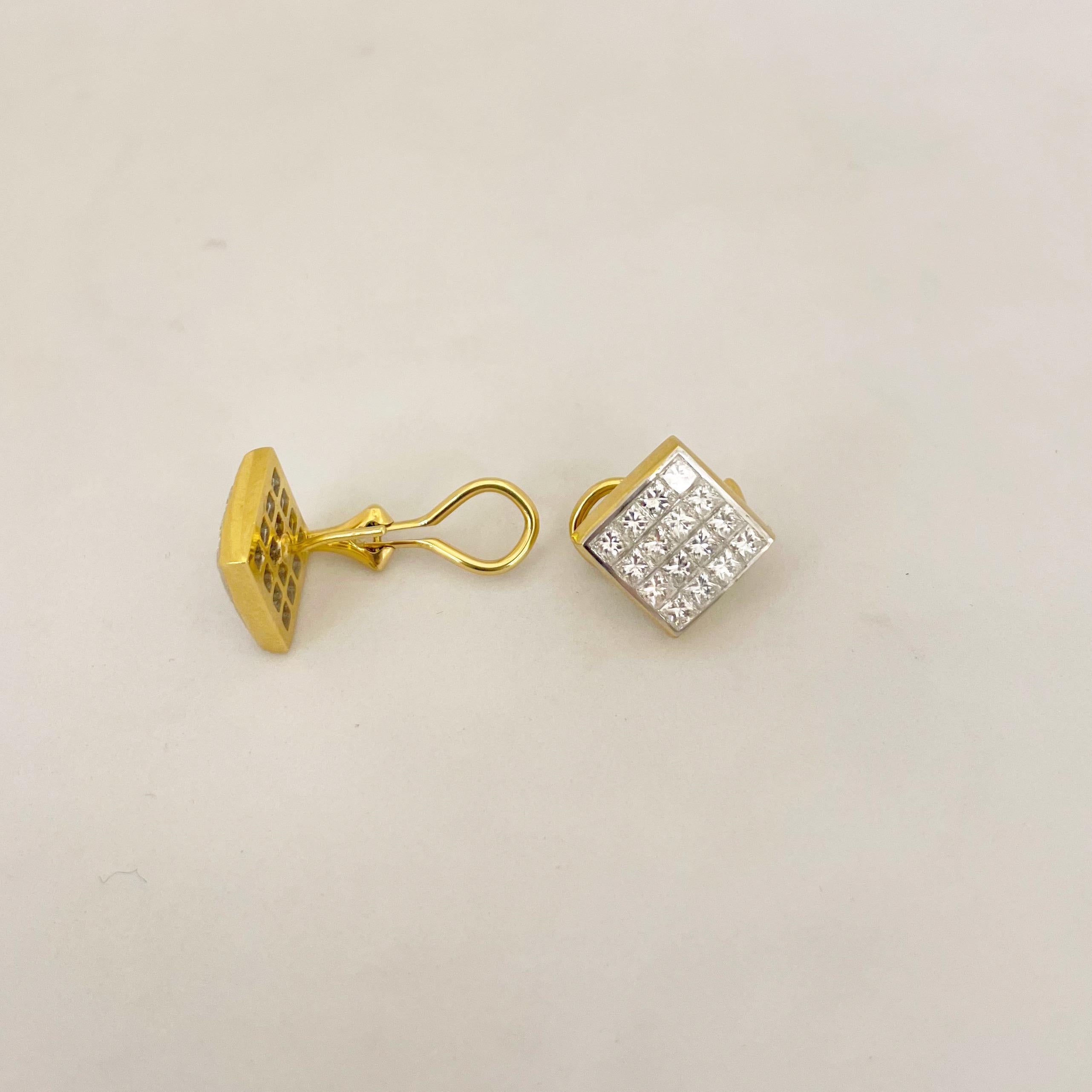 18KT Yellow and White Gold, 2.95Ct. Invisibly Set Princess Cut Diamond Earrings In New Condition For Sale In New York, NY