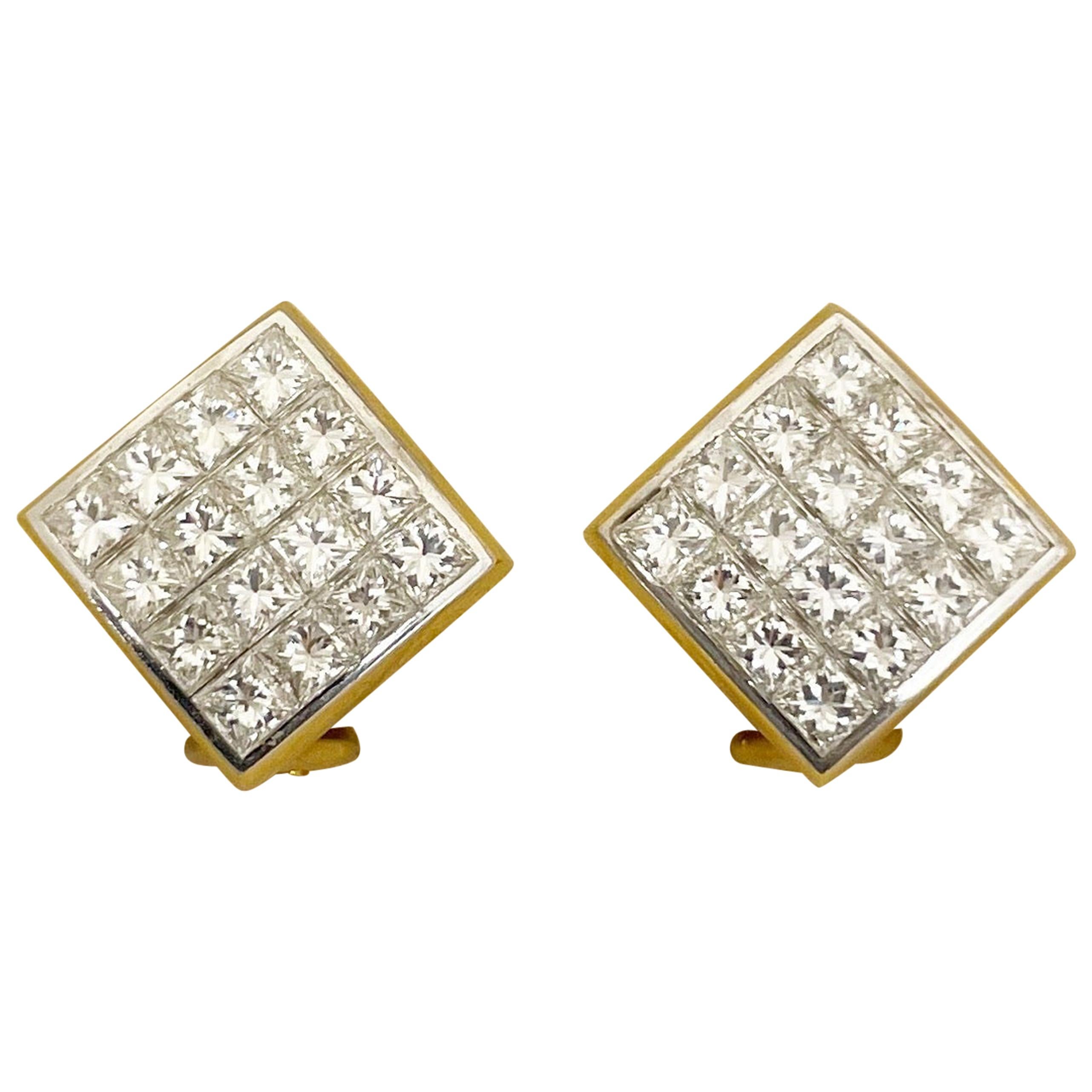 18KT Yellow and White Gold, 2.95Ct. Invisibly Set Princess Cut Diamond Earrings For Sale