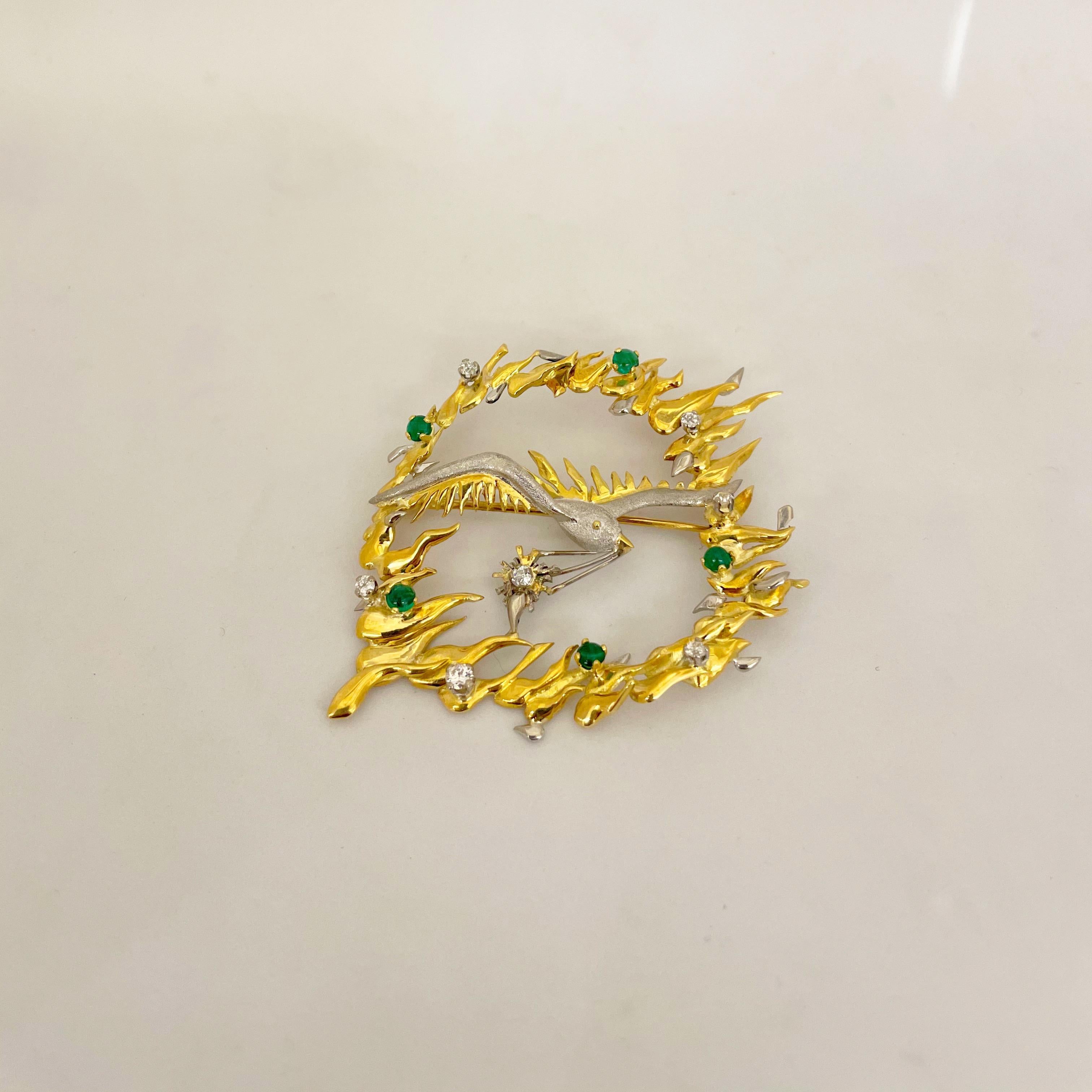 Retro 18KT Yellow and White Gold Bird Brooch with 1.20Ct. Emerald & 0.75Ct. Diamond For Sale