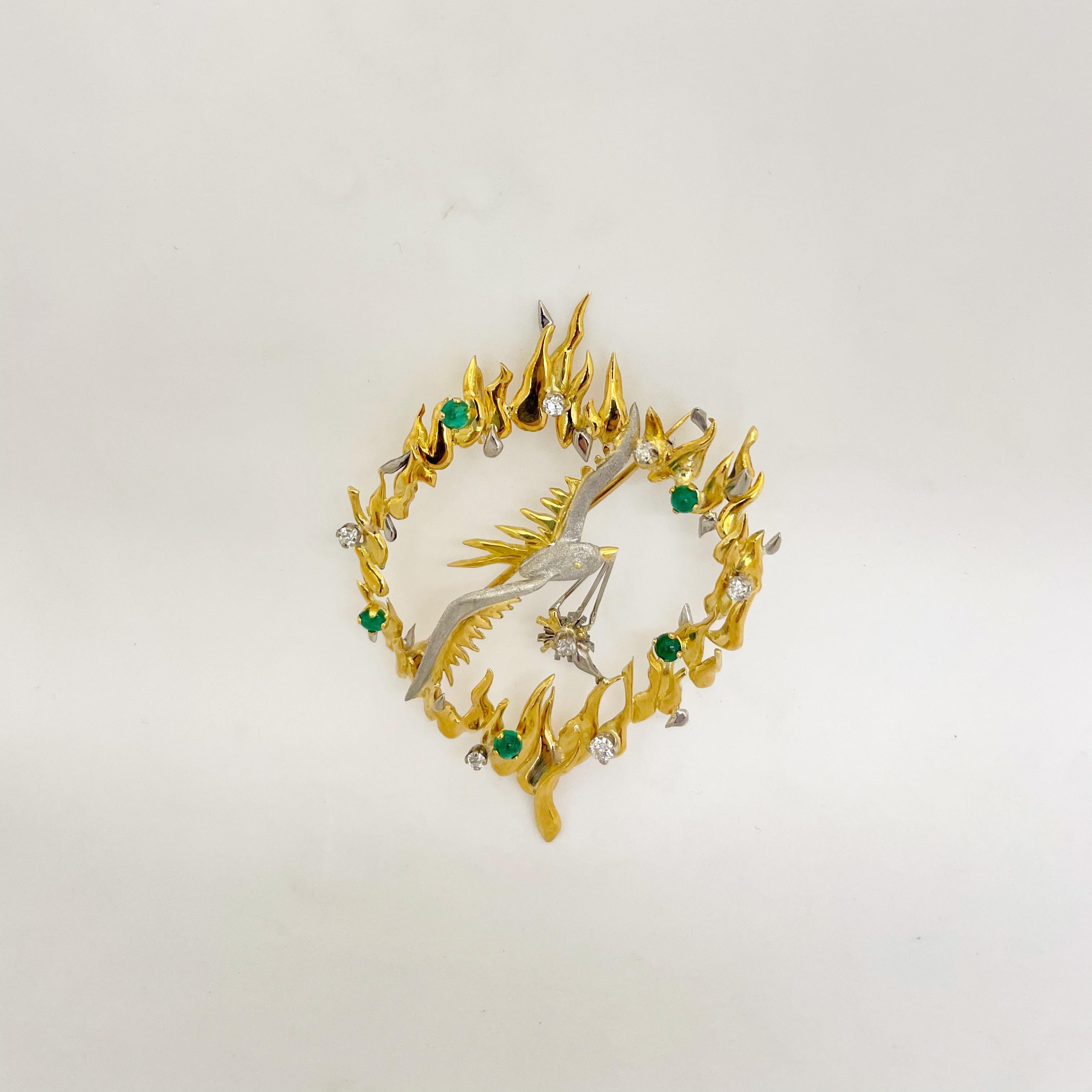 Cabochon 18KT Yellow and White Gold Bird Brooch with 1.20Ct. Emerald & 0.75Ct. Diamond For Sale