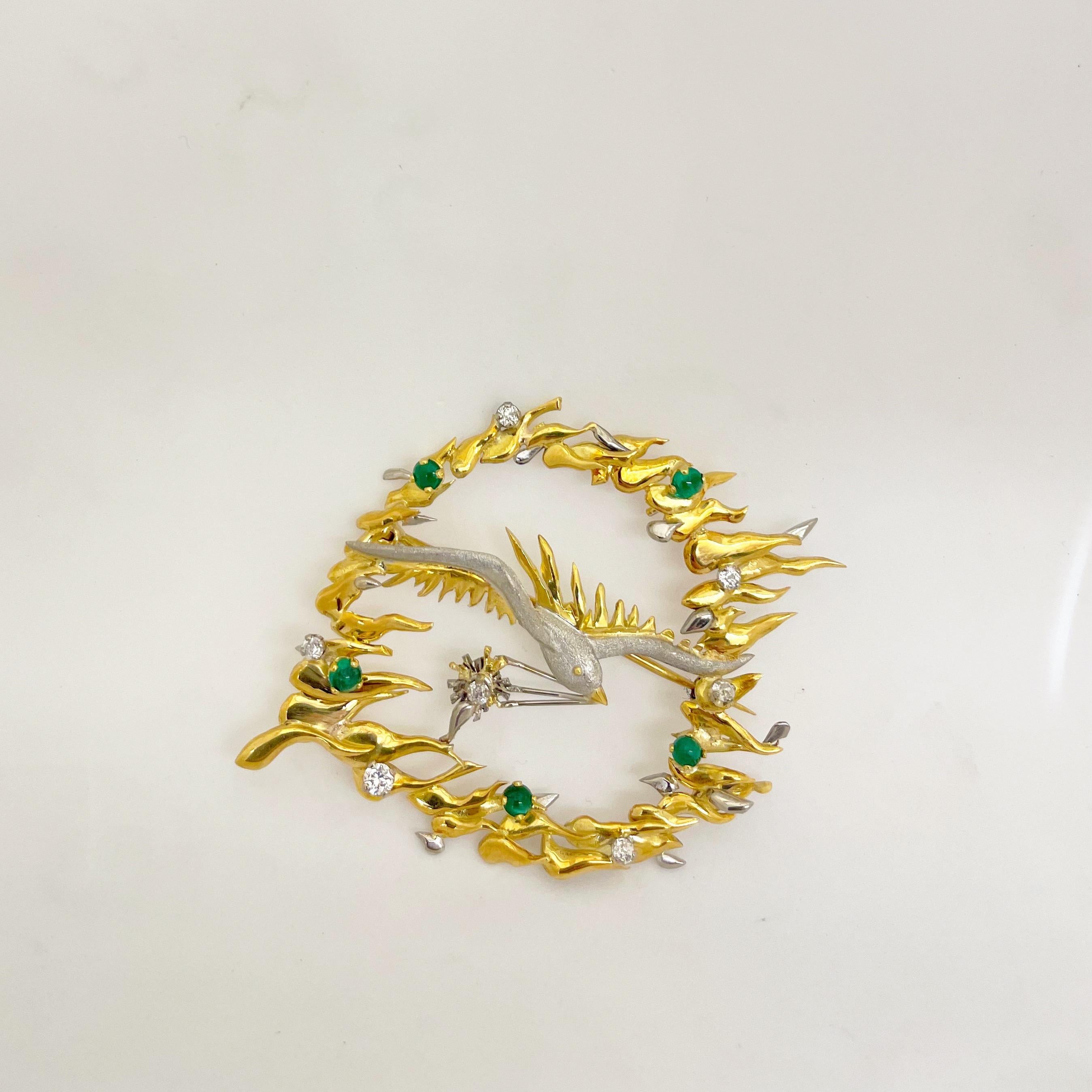 18KT Yellow and White Gold Bird Brooch with 1.20Ct. Emerald & 0.75Ct. Diamond In Excellent Condition For Sale In New York, NY