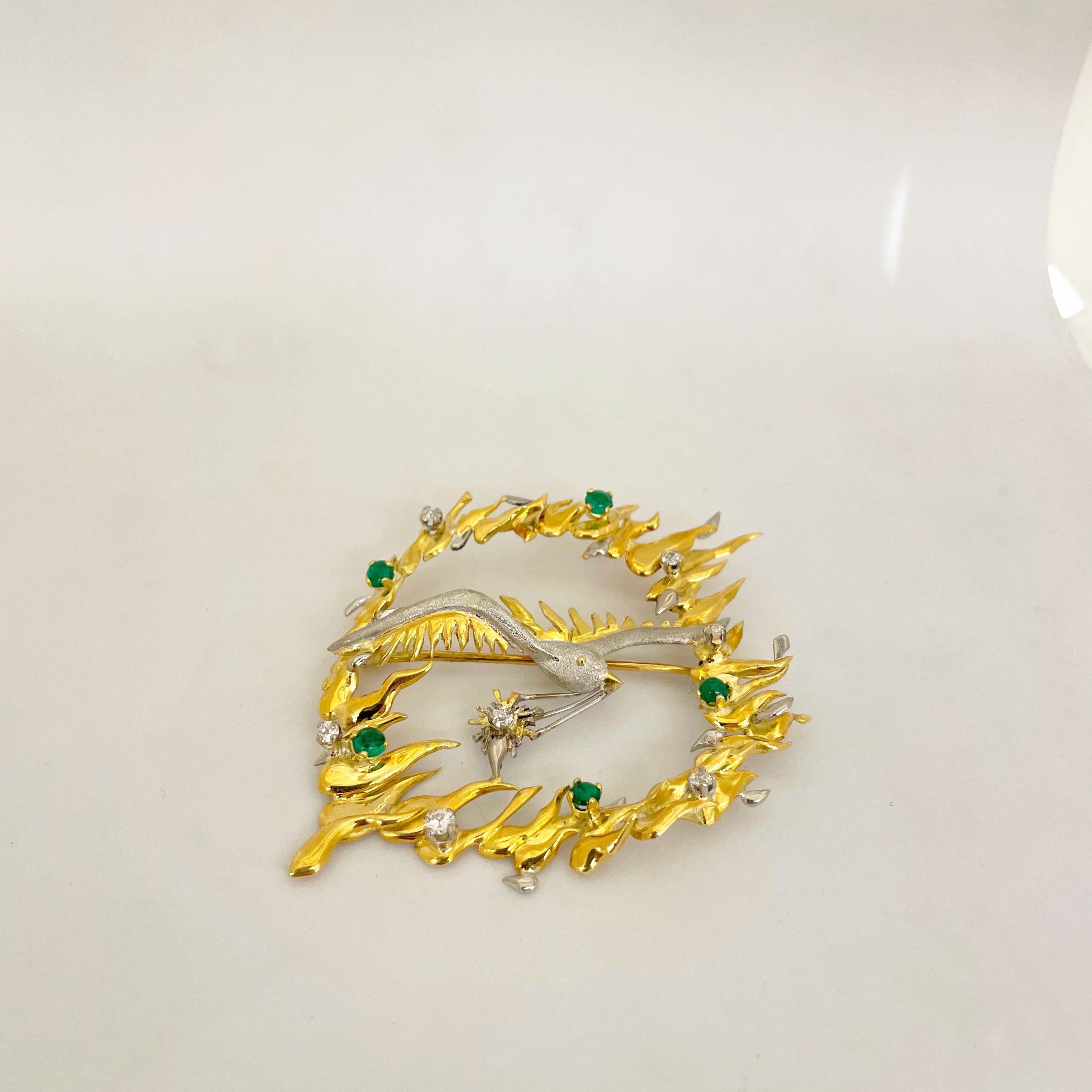Women's or Men's 18KT Yellow and White Gold Bird Brooch with 1.20Ct. Emerald & 0.75Ct. Diamond For Sale