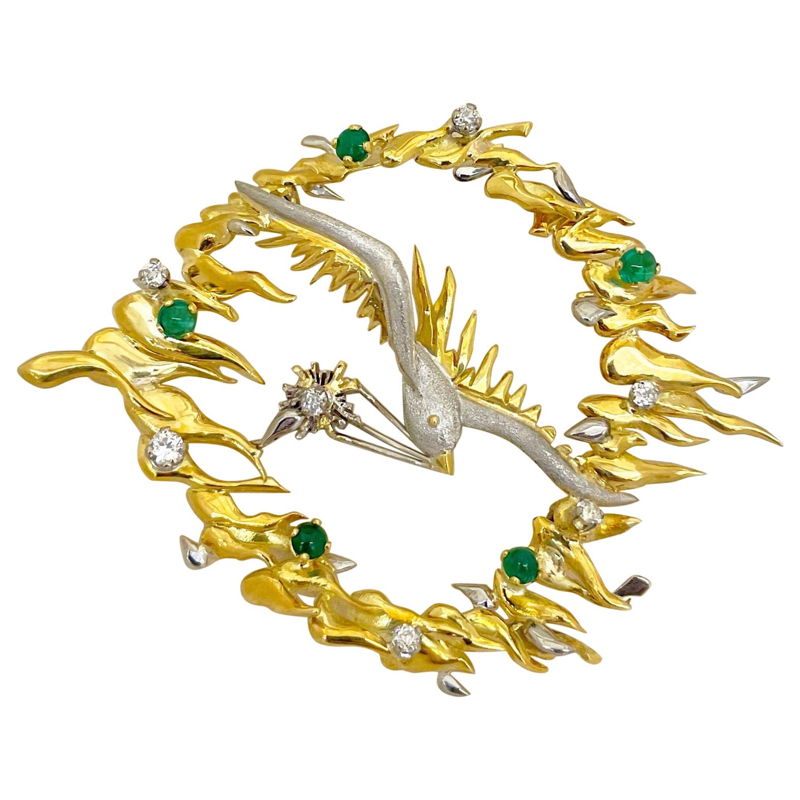 18KT Yellow and White Gold Bird Brooch with 1.20Ct. Emerald & 0.75Ct. Diamond