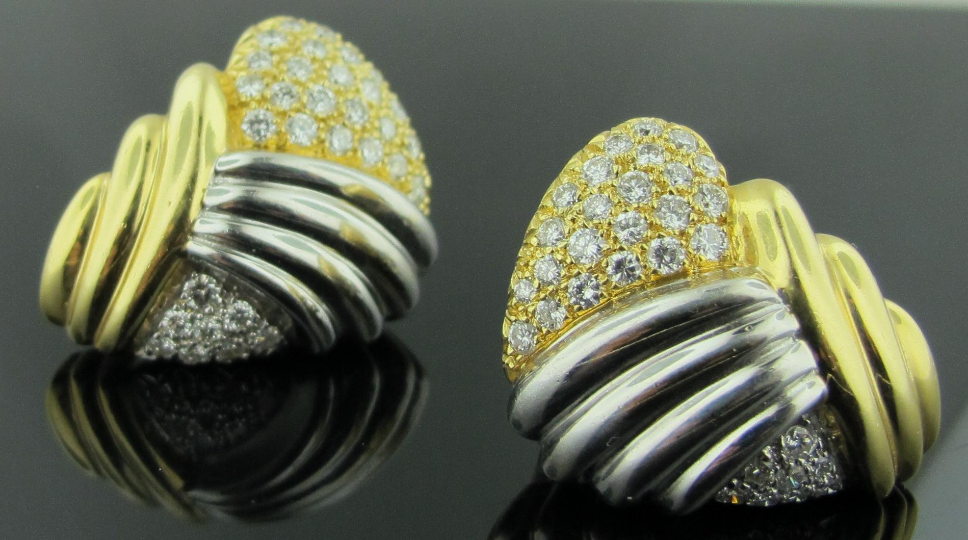 Women's or Men's 18 Karat Yellow and White Gold Crossover Pave Diamond Earrings