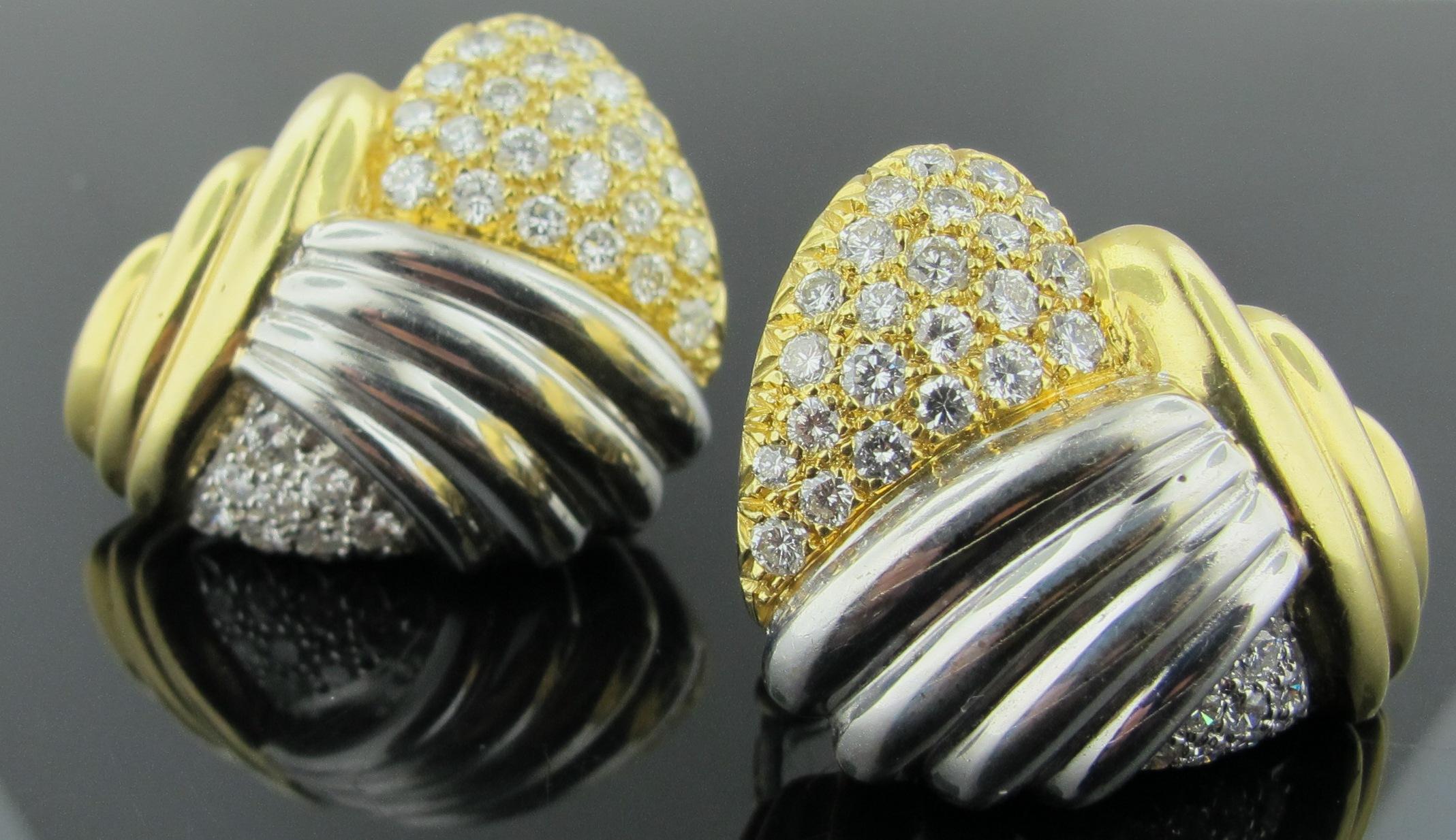 18 Karat Yellow and White Gold Crossover Pave Diamond Earrings 1