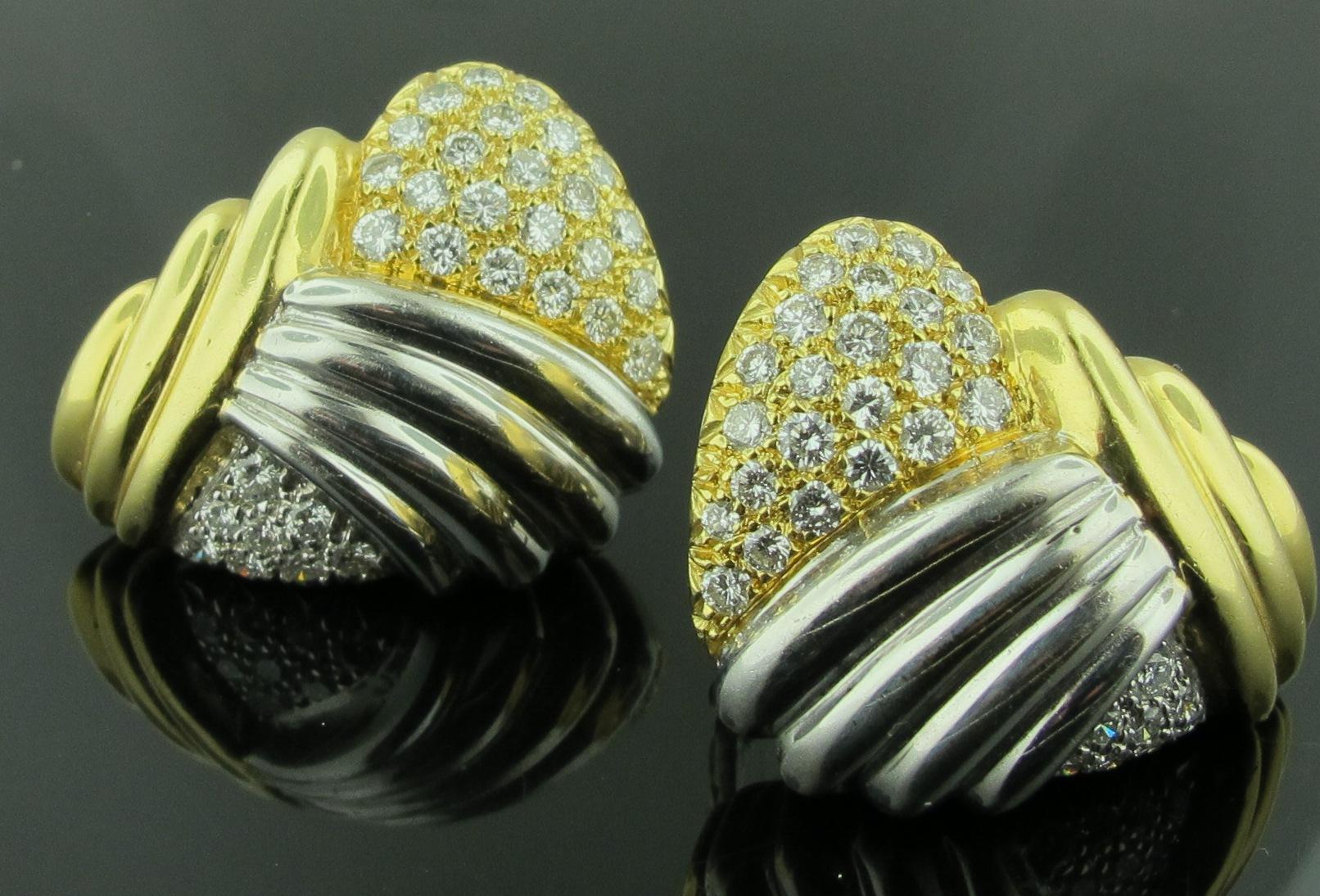 18 Karat Yellow and White Gold Crossover Pave Diamond Earrings 2