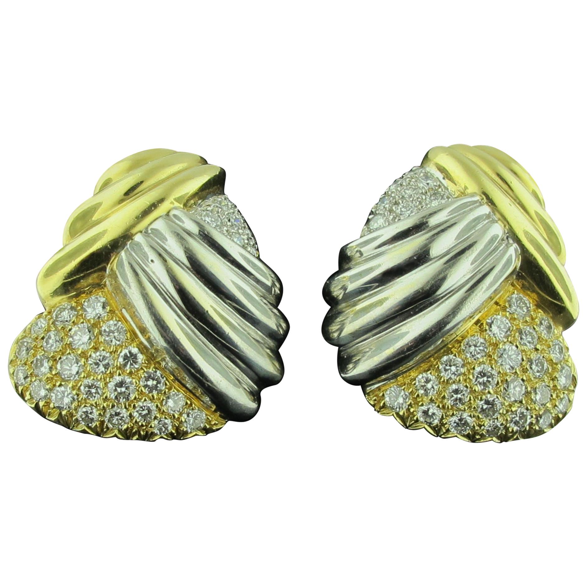 18 Karat Yellow and White Gold Crossover Pave Diamond Earrings