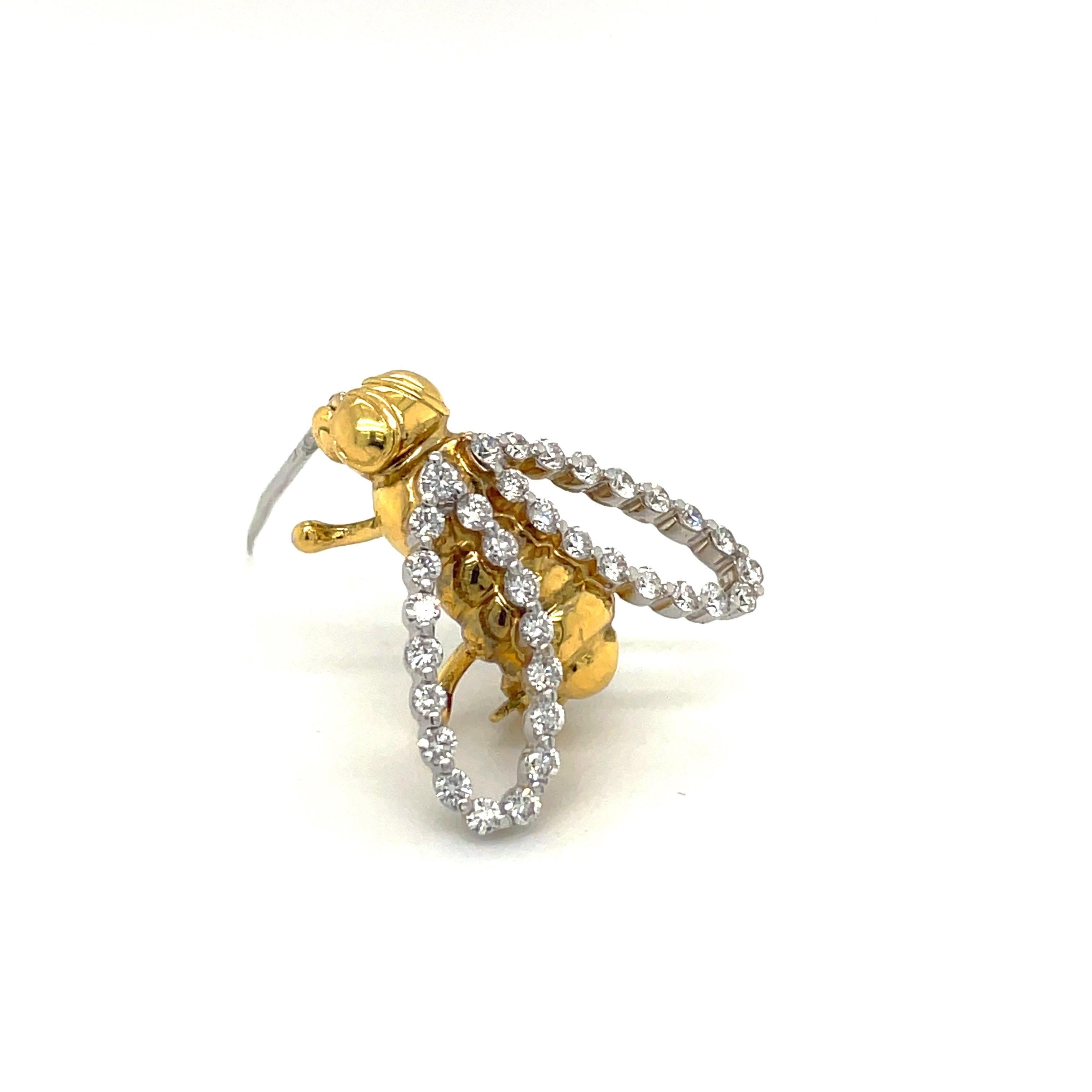 Modern 18 Karat Yellow and White Gold Diamond .74 Carat Bee Brooch For Sale