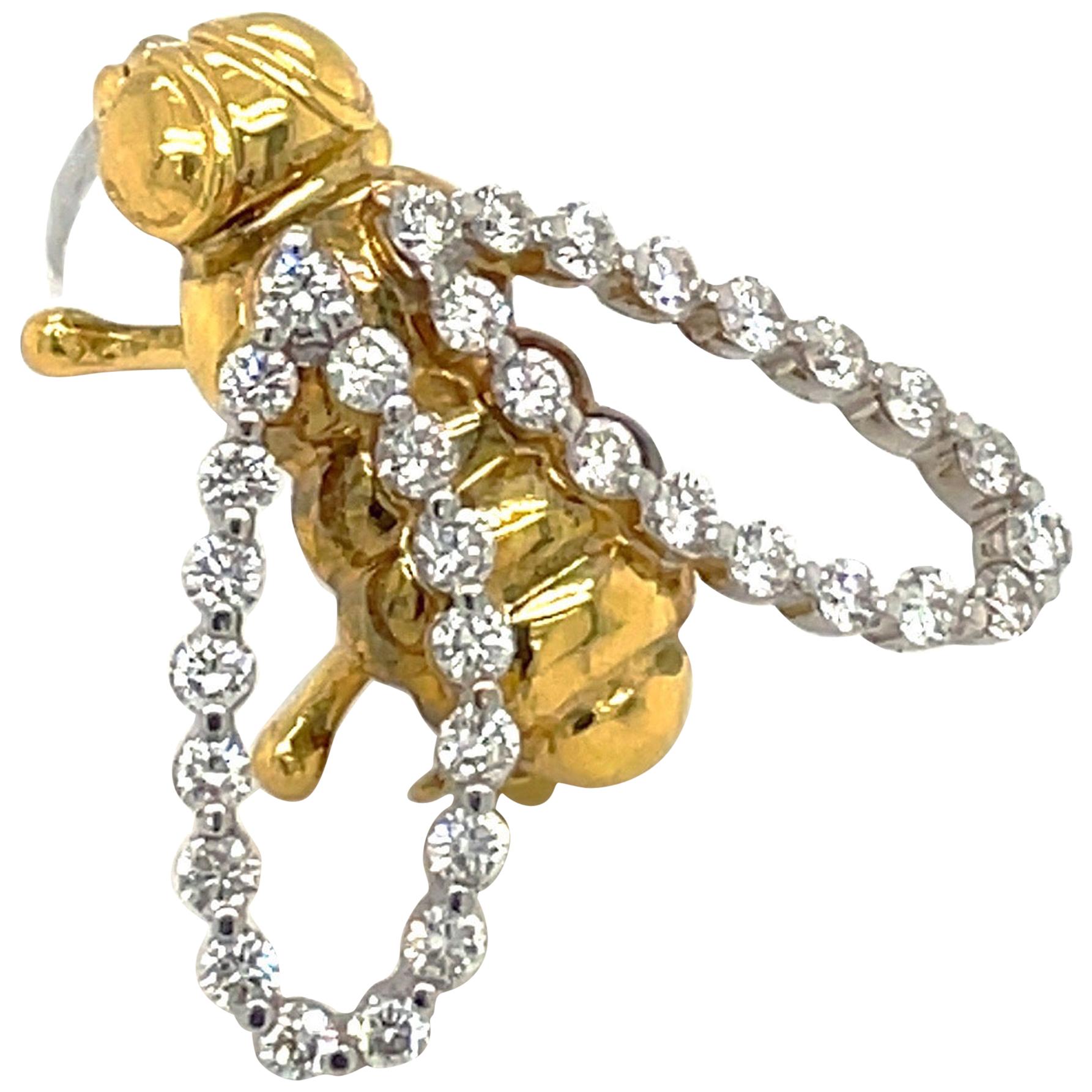 18 Karat Yellow and White Gold Diamond .74 Carat Bee Brooch For Sale