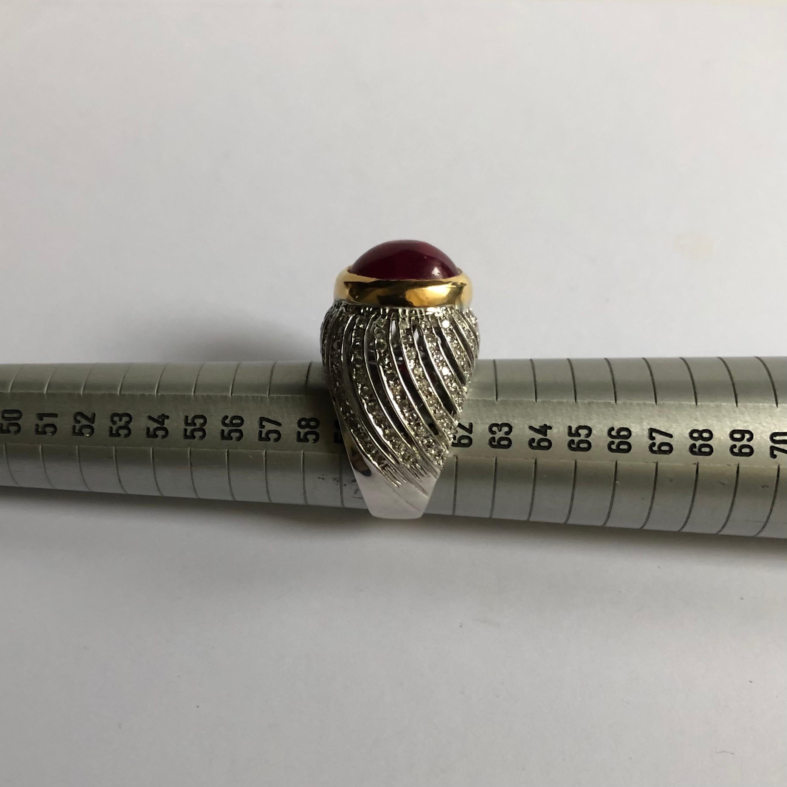 Women's Big Cabochon Ruby and Diamonds 18 Karat Yellow and White Gold Ring For Sale