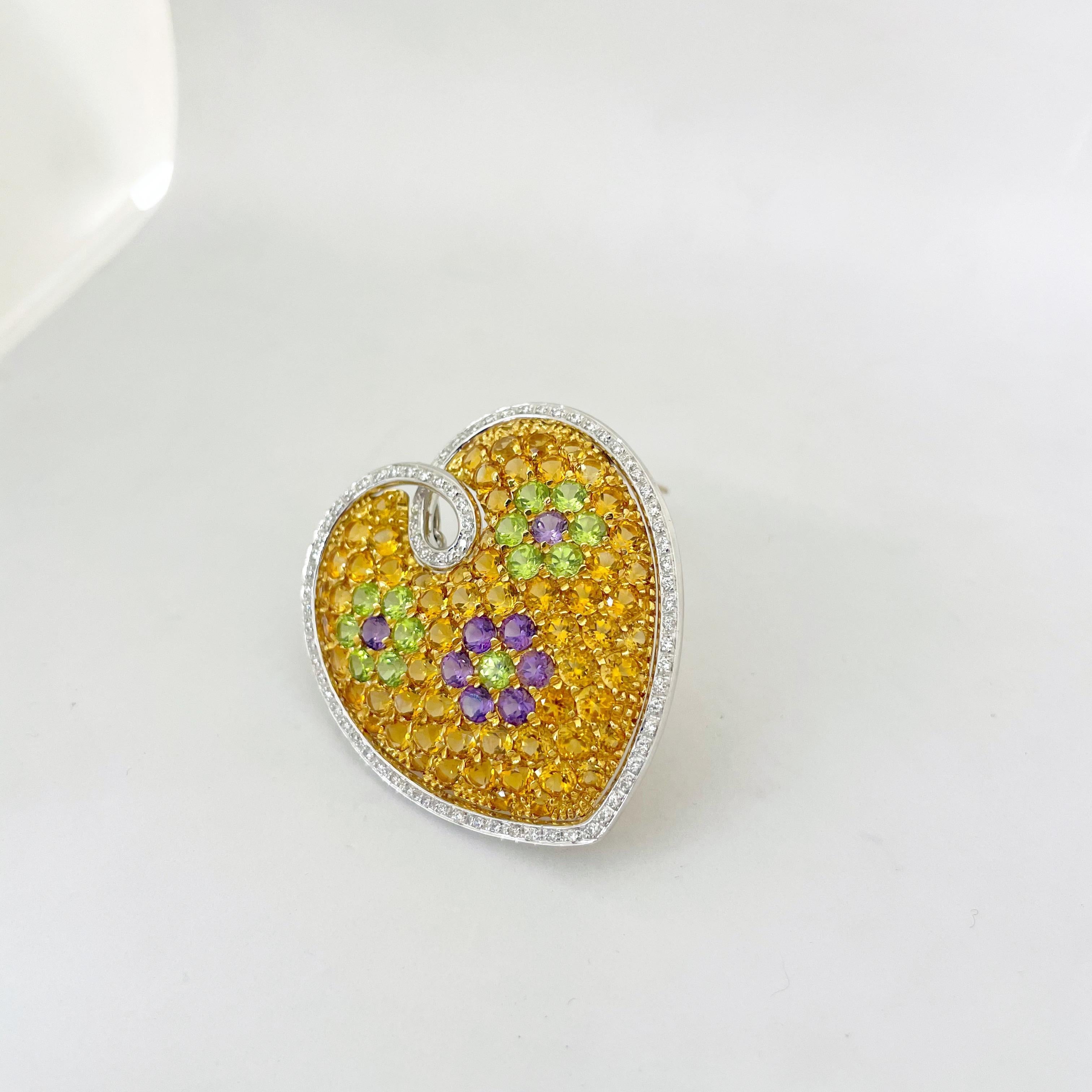 Round Cut 18KT Yellow and White Gold Semi-Precious Stone Puffed Heart Brooch with Diamonds For Sale