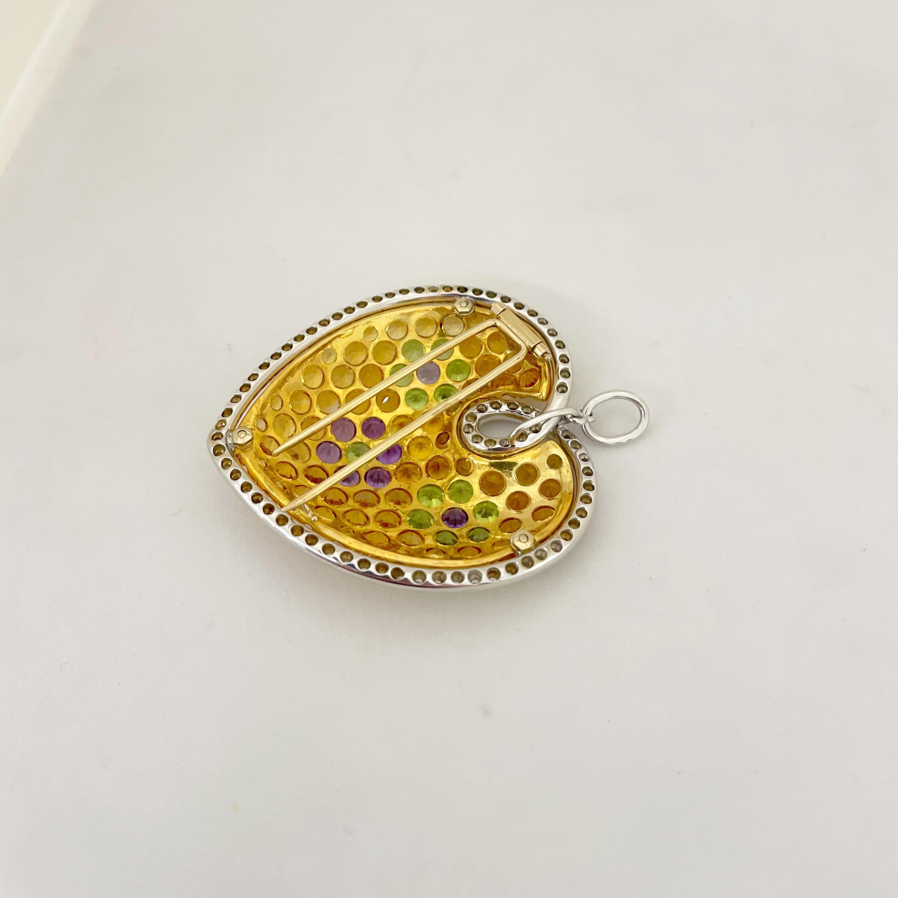 18KT Yellow and White Gold Semi-Precious Stone Puffed Heart Brooch with Diamonds In New Condition For Sale In New York, NY