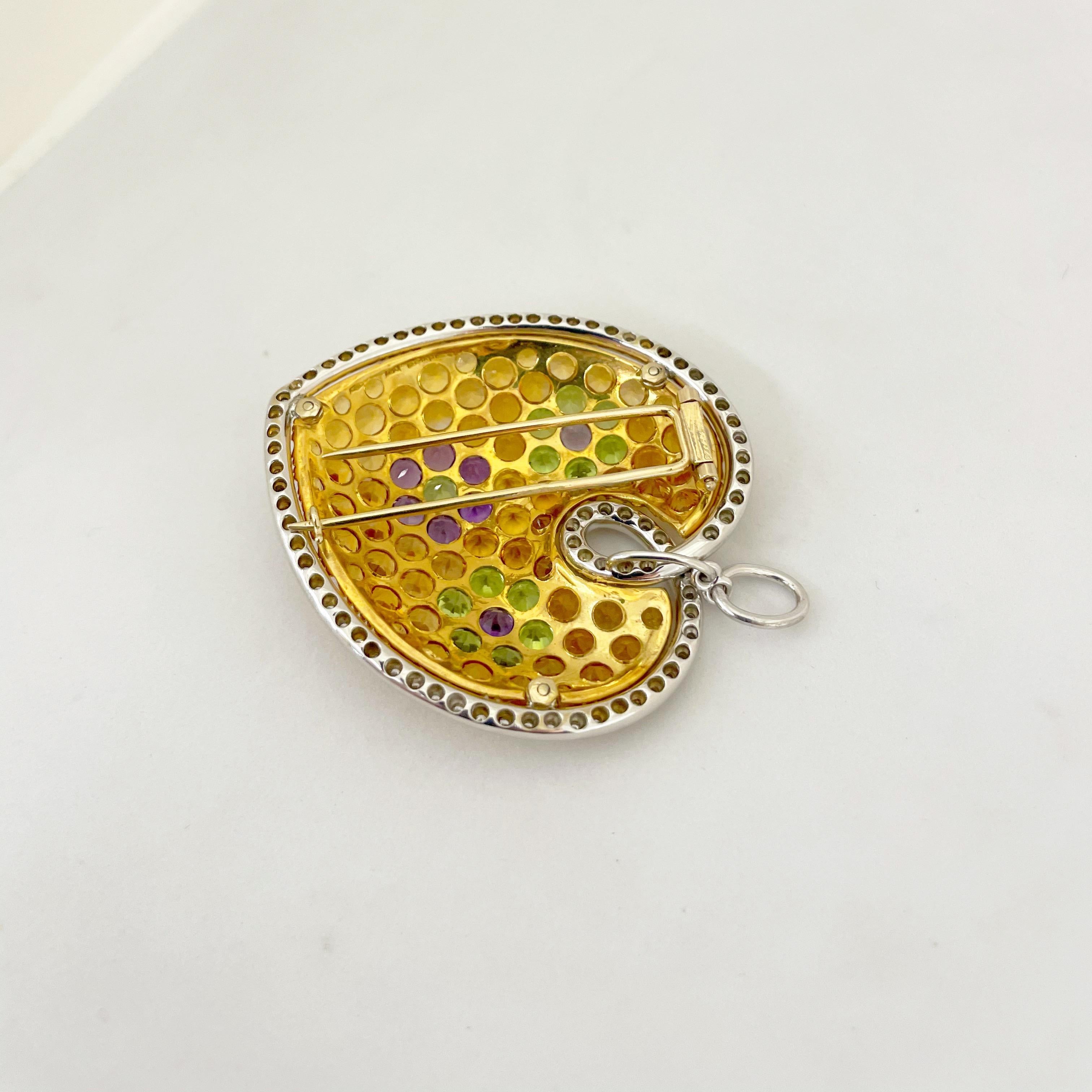 Women's or Men's 18KT Yellow and White Gold Semi-Precious Stone Puffed Heart Brooch with Diamonds For Sale