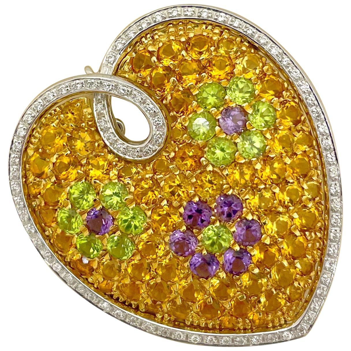 18KT Yellow and White Gold Semi-Precious Stone Puffed Heart Brooch with Diamonds