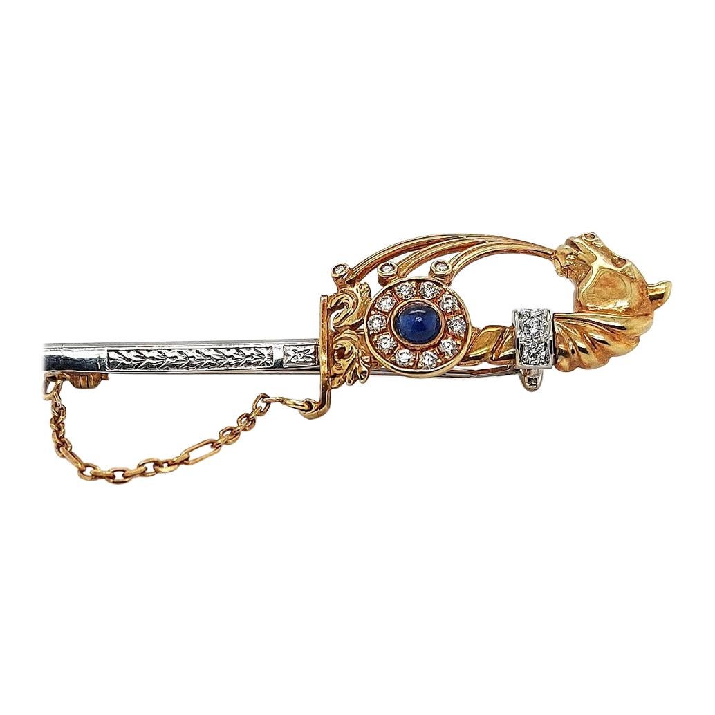 18kt Gelb- und Weißgold Schwert Horse Hilt mit Diamanten 
Saphir Cabochon
