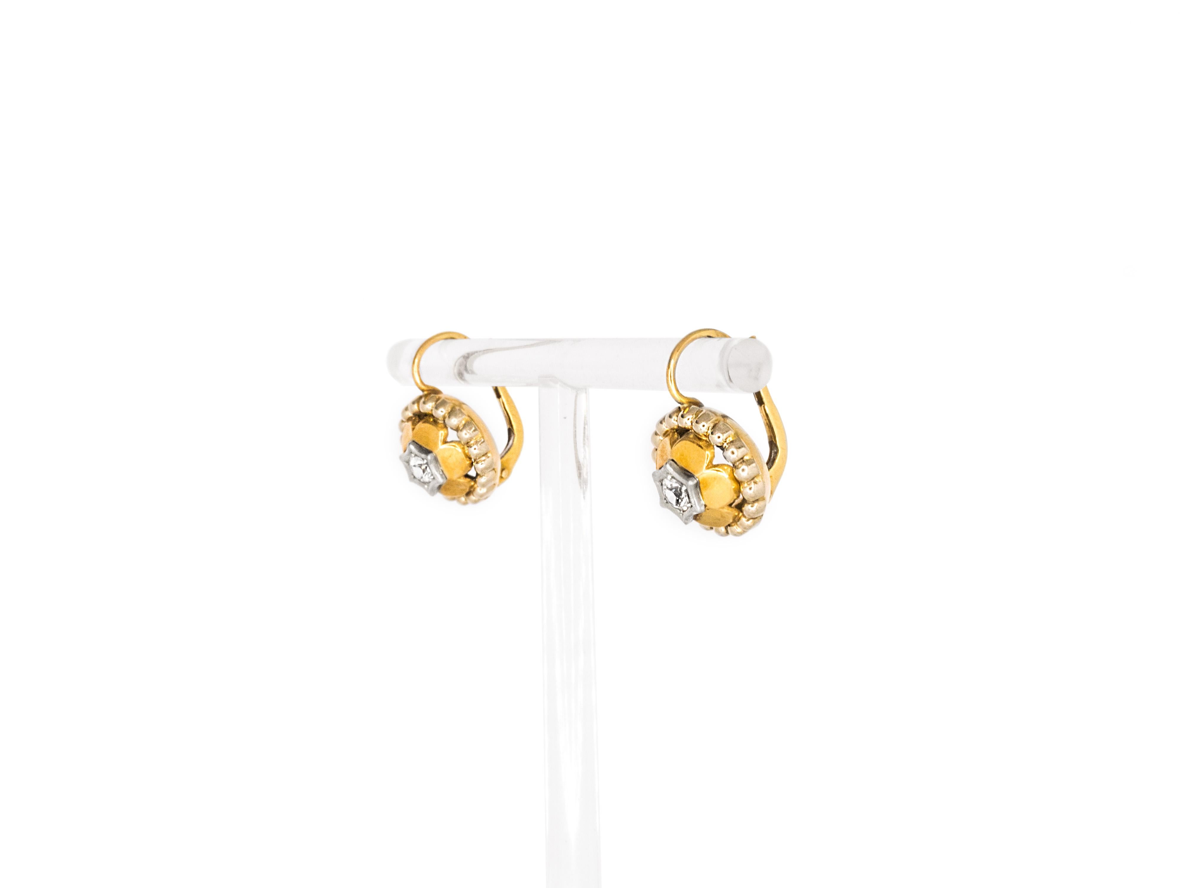 Brilliant Cut 18kt Yellow and White Gold, White Sapphires Victorian Dangle Earrings