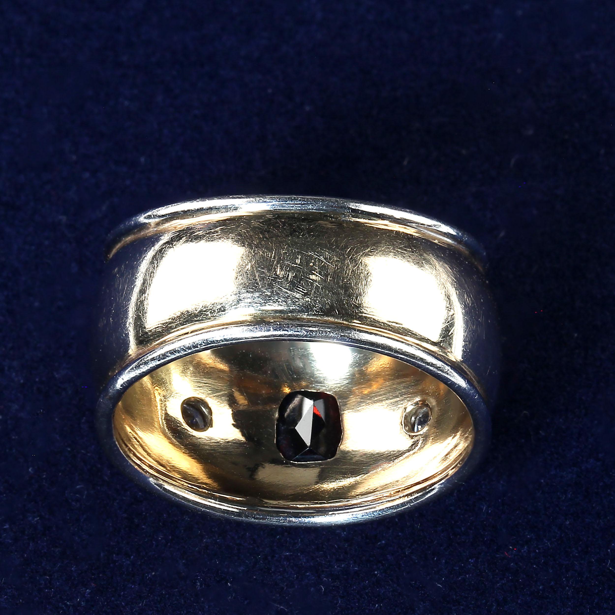 18KT Yellow and White Gold Wide Band ring with Bezel set Garnet and Diamonds In Good Condition In Raleigh, NC