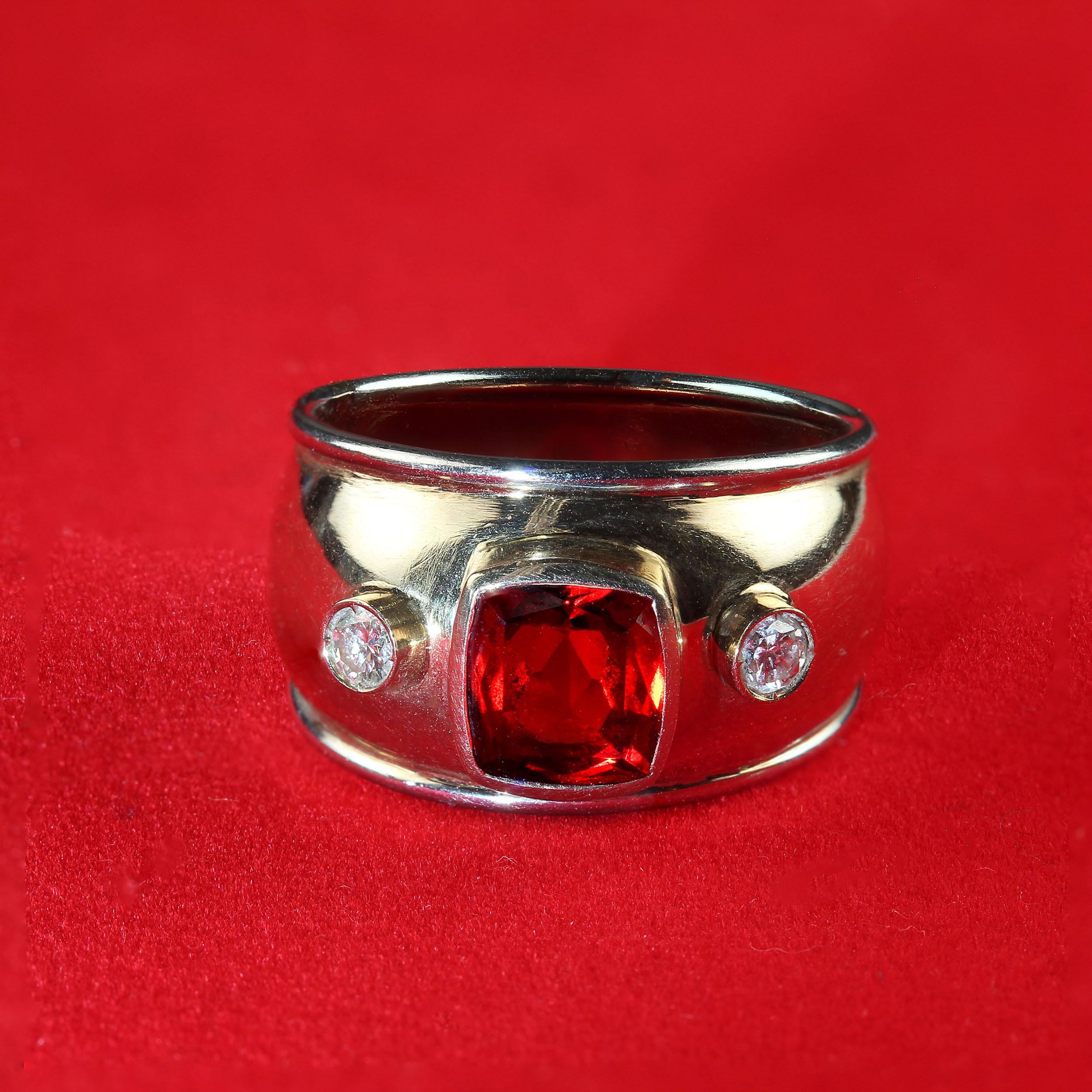 Artisan 18KT Yellow and White Gold Wide Band ring with Bezel set Garnet and Diamonds