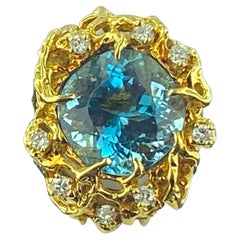 18KT Yellow Gold 10 Carat Round Aquamarine and Diamond Ring
