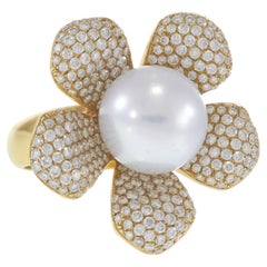 18KT Yellow Gold 12MM South Sea Pearl and Diamond Flower Ring