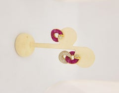 18KT. Yellow Gold, 14.27 Carat Invisibly Set Ruby & 2.96Ct. Diamond Hoop Earring