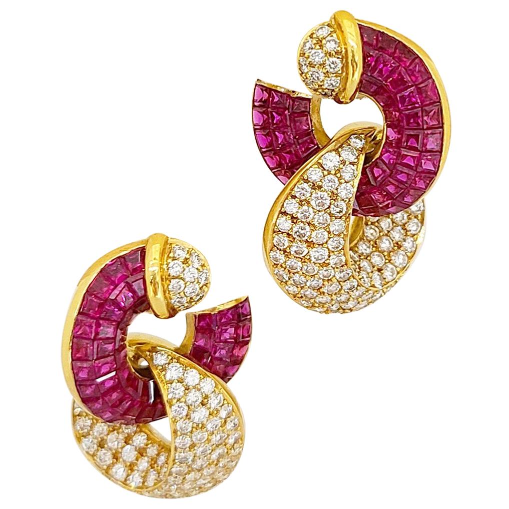 18KT. Yellow Gold, 14.27 Carat Invisibly Set Ruby & 2.96Ct. Diamond Hoop Earring For Sale