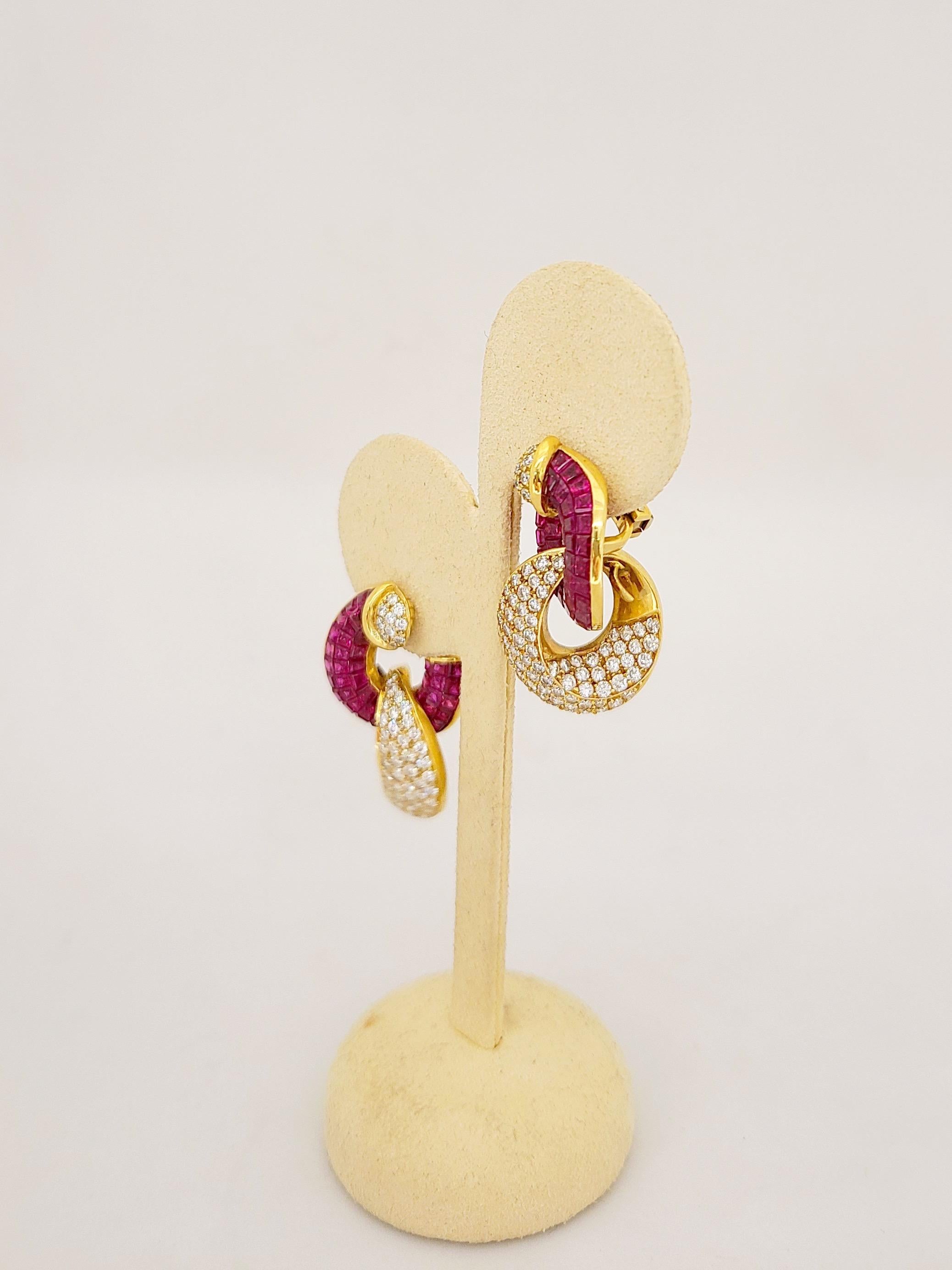 18KT. Yellow Gold, 14.27 Carat Invisibly Set Ruby & 2.96Ct. Diamond Hoop Earring For Sale 1