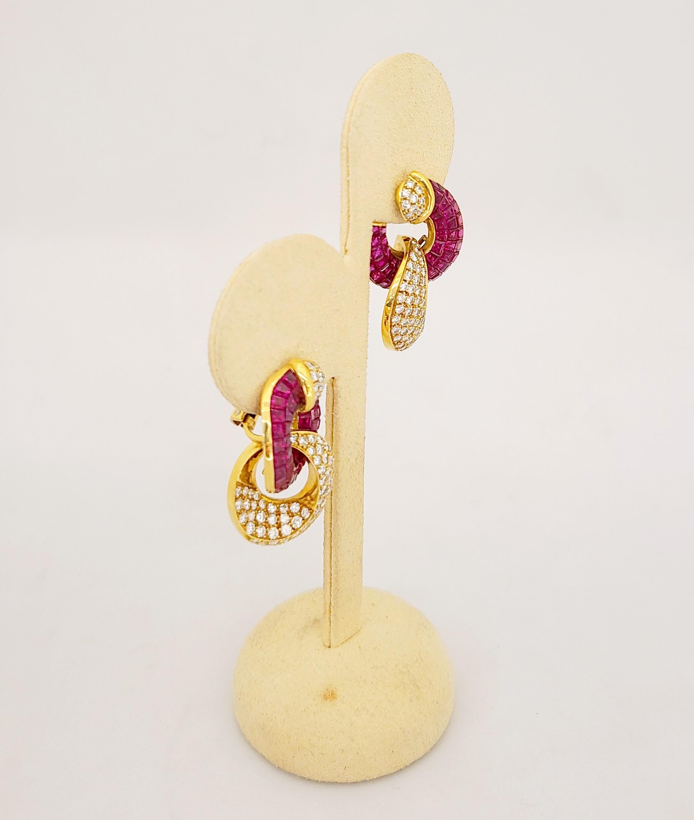 18KT. Yellow Gold, 14.27 Carat Invisibly Set Ruby & 2.96Ct. Diamond Hoop Earring For Sale 2