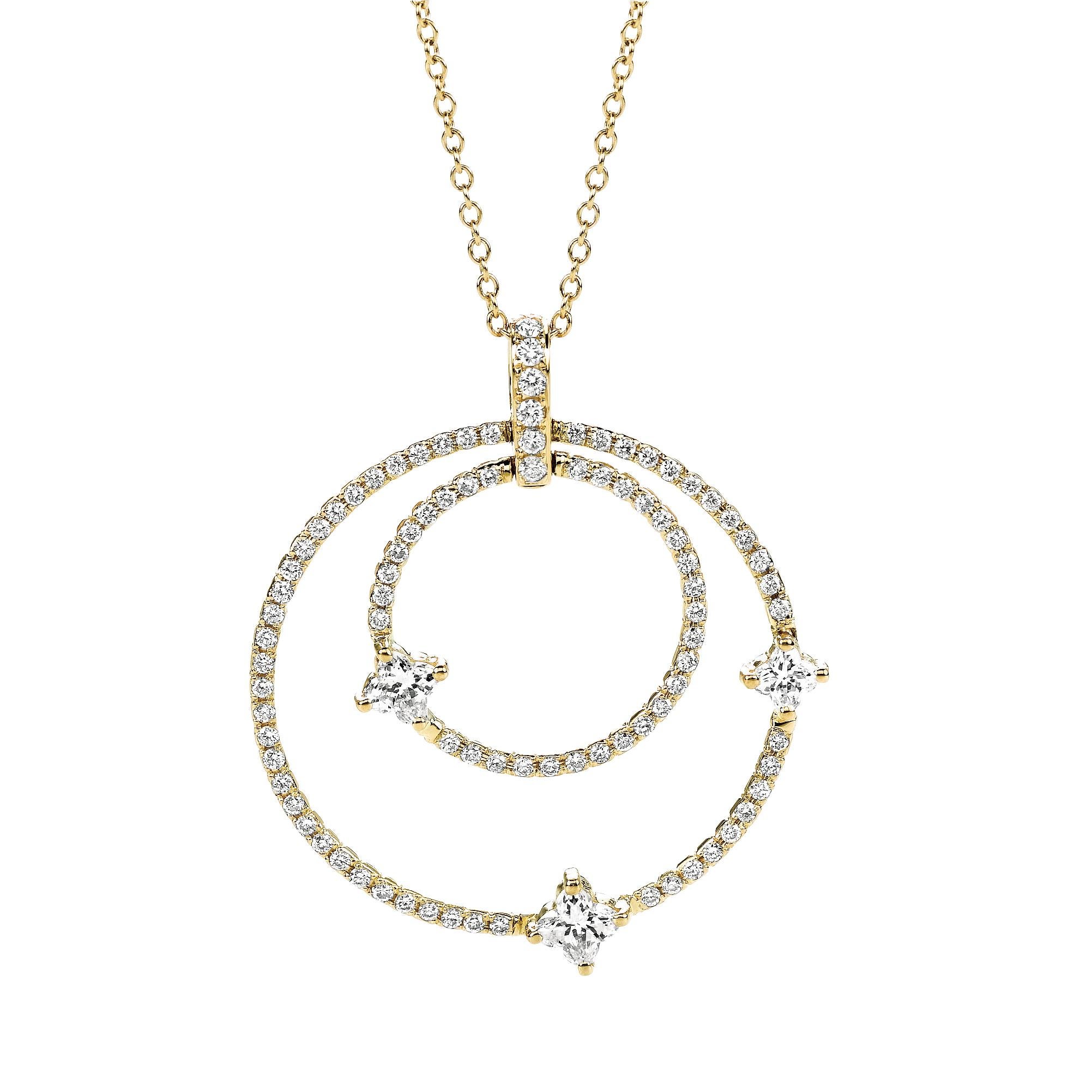 18KT yellow gold diamond round and flower necklace. 3   flower shape diamond H color VS SI clarity  0.60 cts . additional 0.54 ct round diamond accent .   17 inch with a link to shorten to 16 inch . Diameter of circle pendant 1 inch , 3 cm 