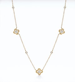 18 Karat Yellow Gold Station Diamond Flower Necklace 0.75 Carat Total