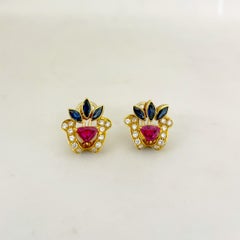 18KT Gold, 1.78 Carat Ruby, 1.59 Carat Sapphire, and .81 Carat Diamond Earrings