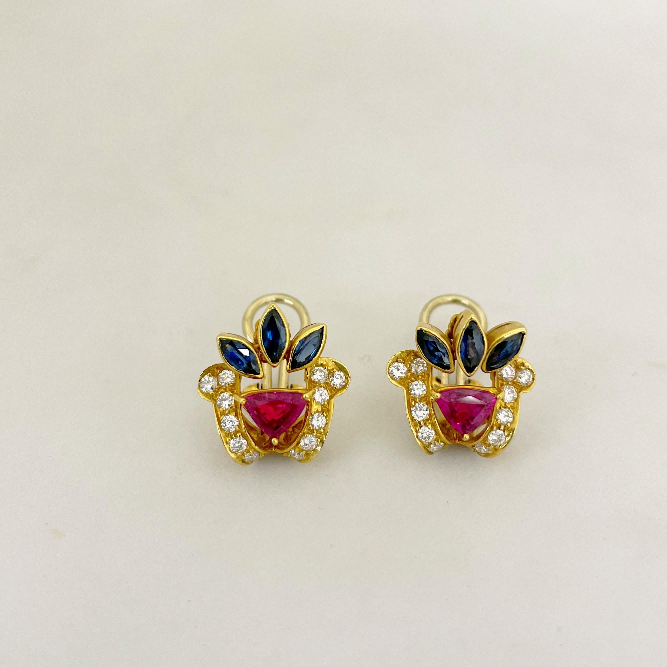 Contemporary 18KT Gold, 1.78 Carat Ruby, 1.59 Carat Sapphire, and .81 Carat Diamond Earrings For Sale