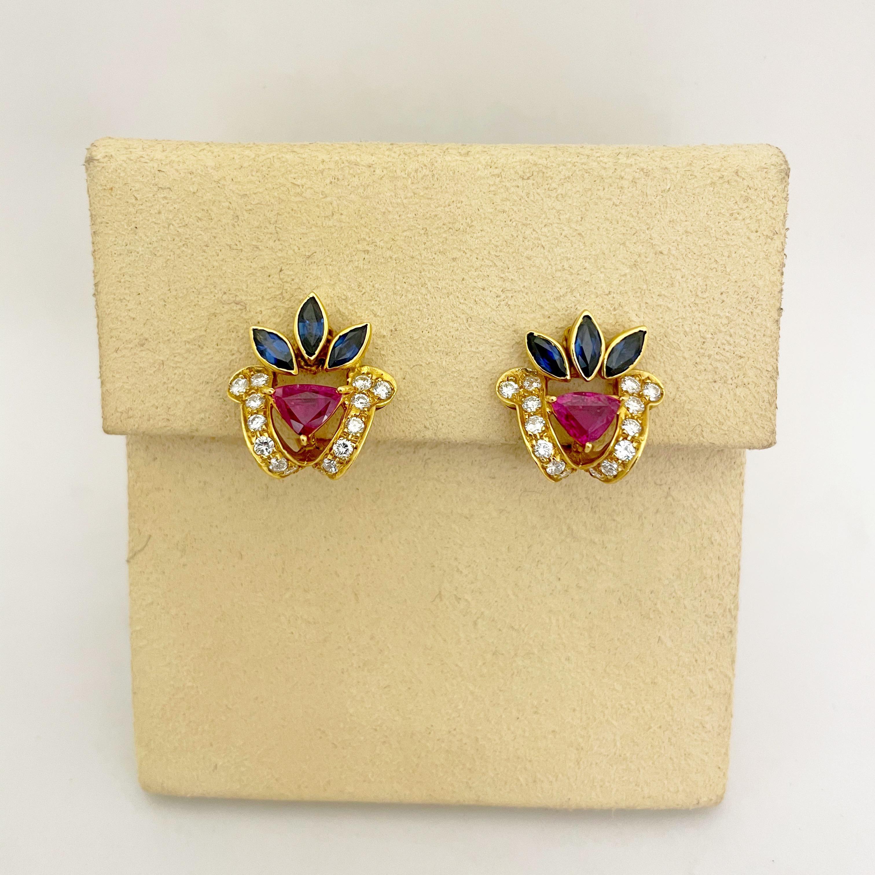 Trillion Cut 18KT Gold, 1.78 Carat Ruby, 1.59 Carat Sapphire, and .81 Carat Diamond Earrings For Sale