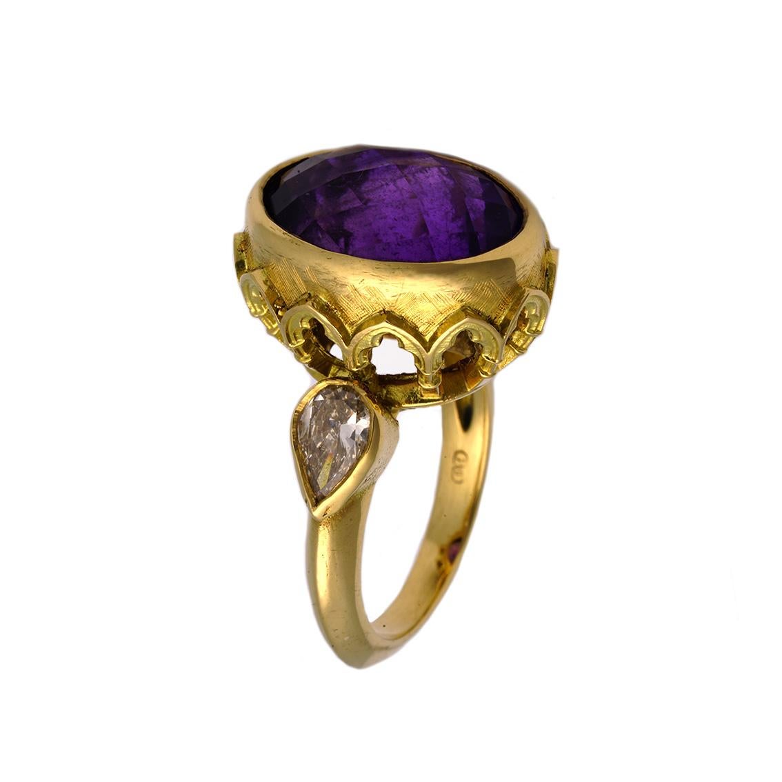 This fascinating ring titled The Vivid Splendor Ring is an absolutely magnificent, one of a kind piece and fits a size.

 Handmade in 18kt yellow gold, the ring features an oval checkerboard cut amethyst, approximately 18.25ct in weight and deep
