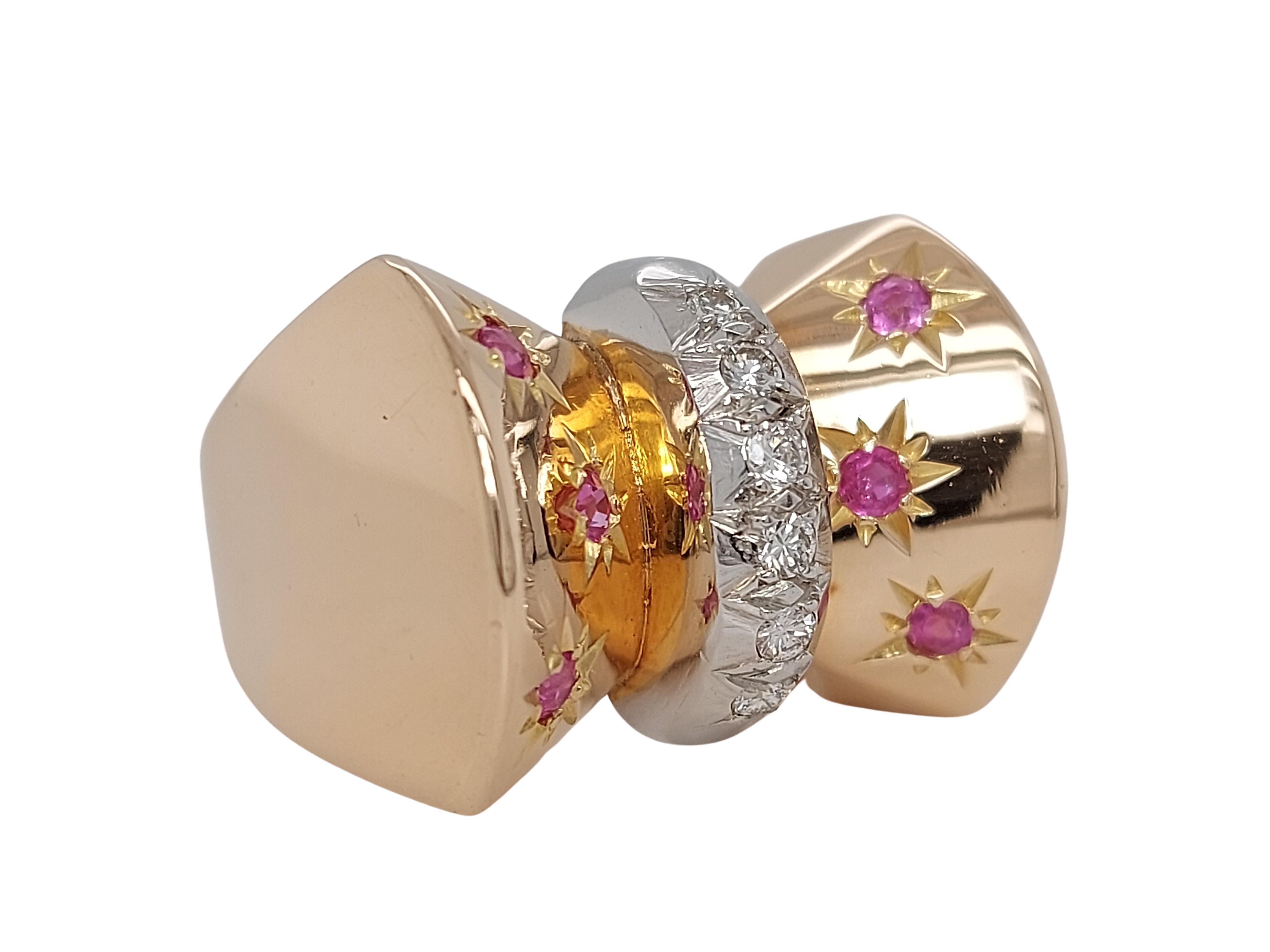 18kt Yellow Gold Ring With Diamonds And Ruby

Diamonds: 6 brilliant cut diamonds

Ruby: 6 round cut ruby 

Material: 18kt yellow & white gold

Ring size: 58.9 EU / 8.75 US (can be resized for free)

Total weight: 11.2 grams / 7.3 dwt / 0.400 oz
