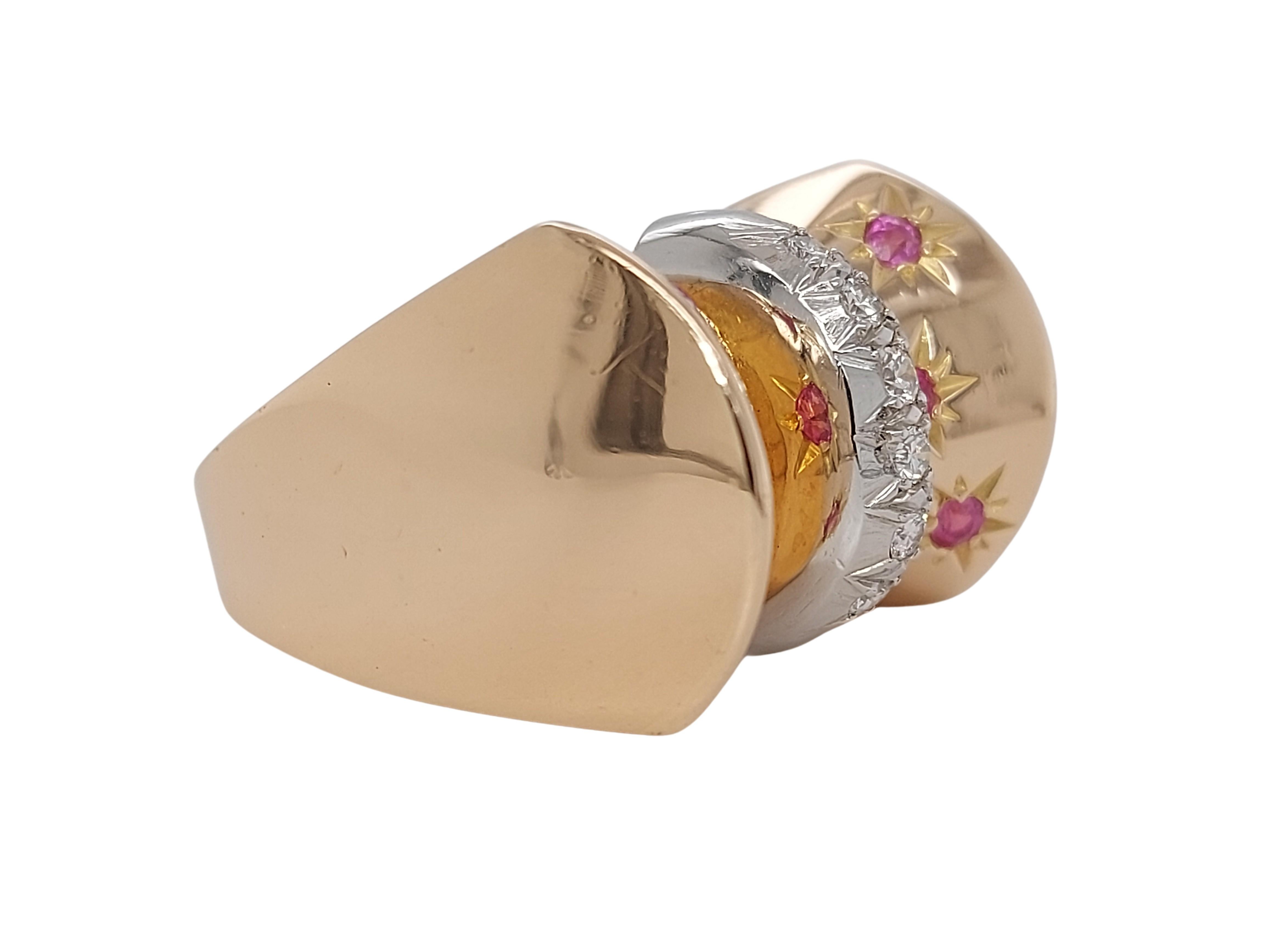 Artisan 18kt Yellow Gold 1940's Ring with Diamonds and Ruby For Sale