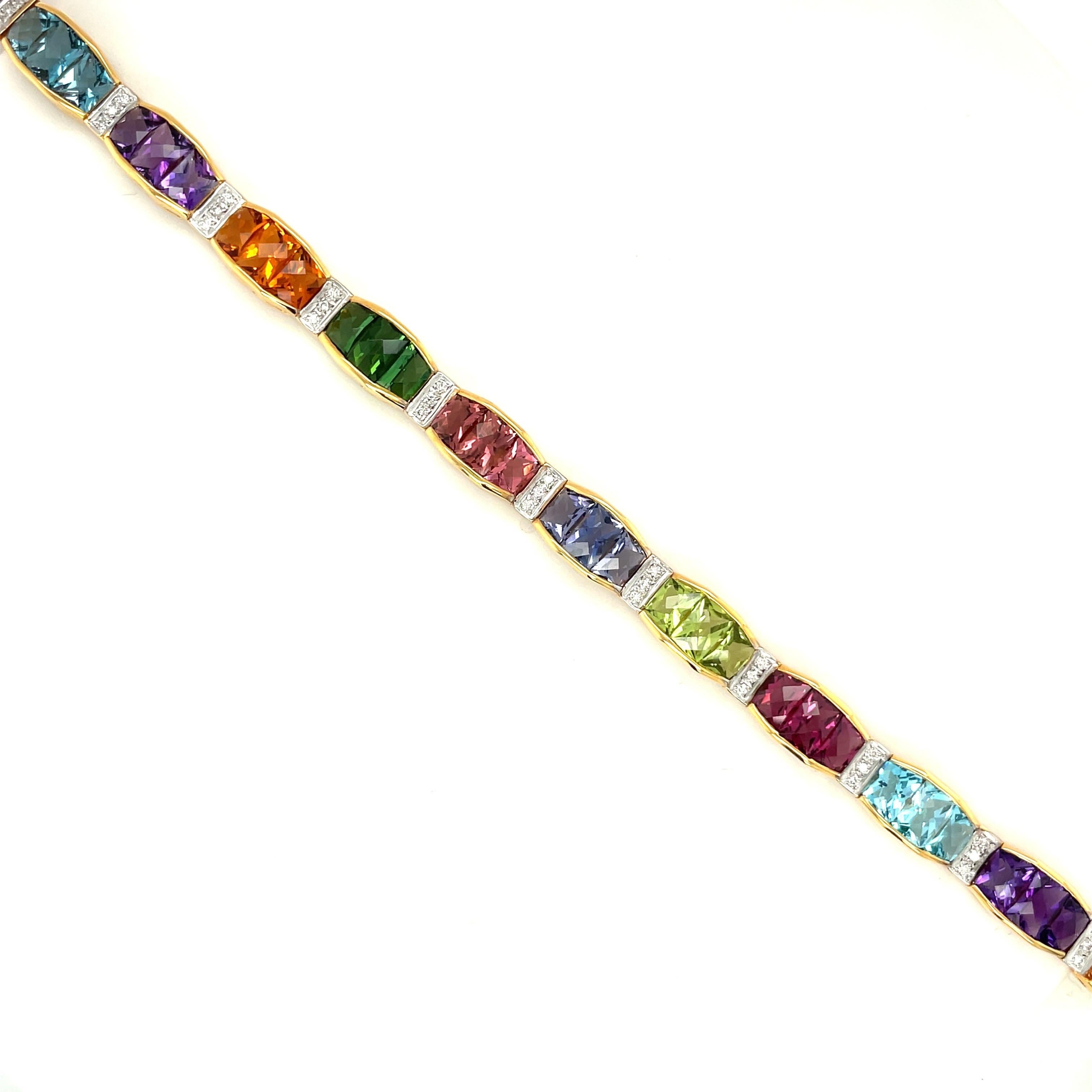 This colorful 18 karat yellow gold and semi precious stone bracelet is designed with 12 sections. Each section is set with 3 briolette cut stones. The semi precious stones are citrine, garnnet, blue topaz, iolite, amethyst, pink and green