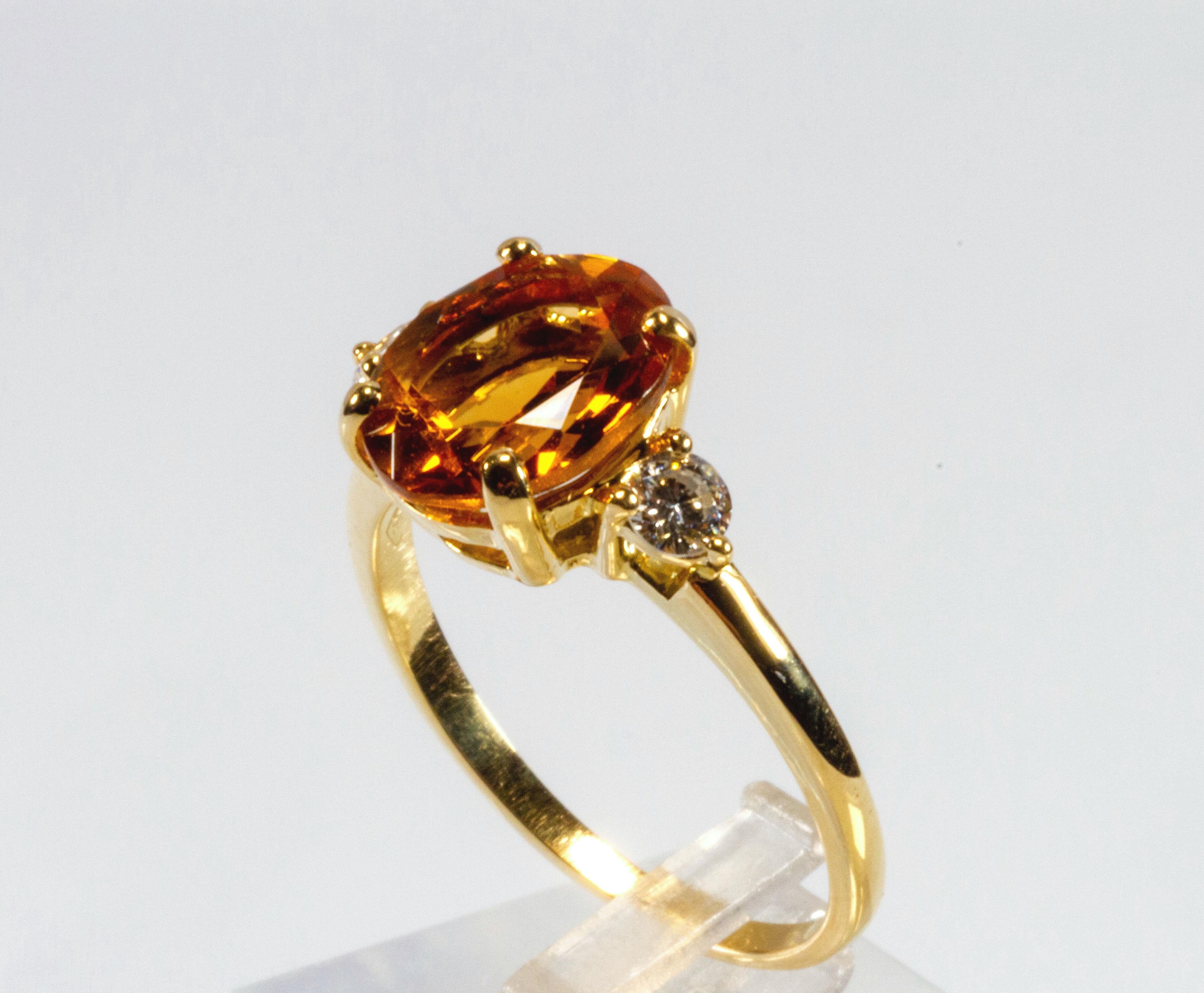 Oval Cut 18 Karat Yellow Gold 2.10 Carat Yellow Citrine and Diamond Ring For Sale