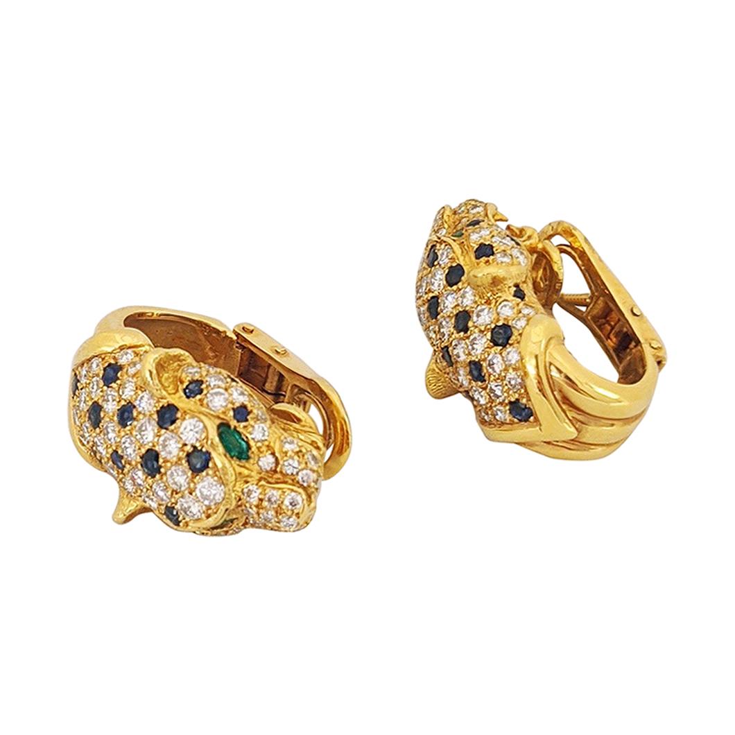 18KT Yellow Gold & 2.56Ct. Diamond Panther Earrings with Sapphires and Emeralds For Sale