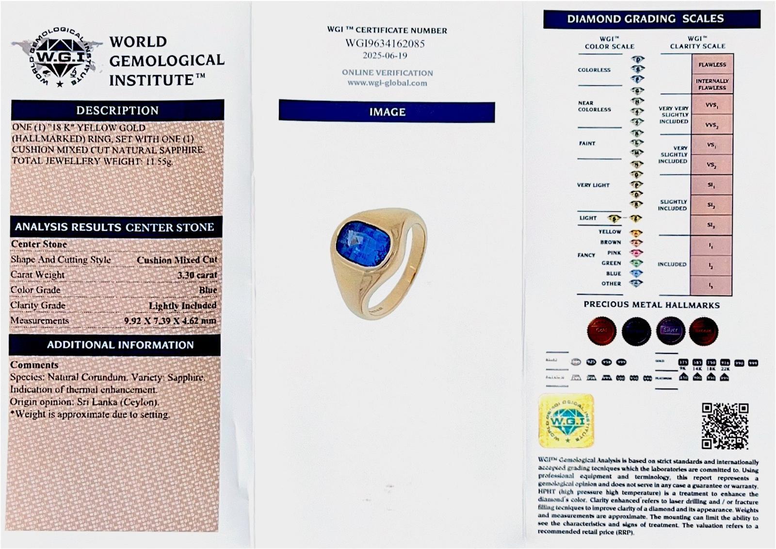 A striking 18kt yellow gold ring showcasing a richly hued 3.30 ct. natural sapphire as its centerpiece. The oval mixed-cut sapphire set in a bold gold mount, allowing light to enhance its vivid blue tone.

The sapphire displays a deep royal blue