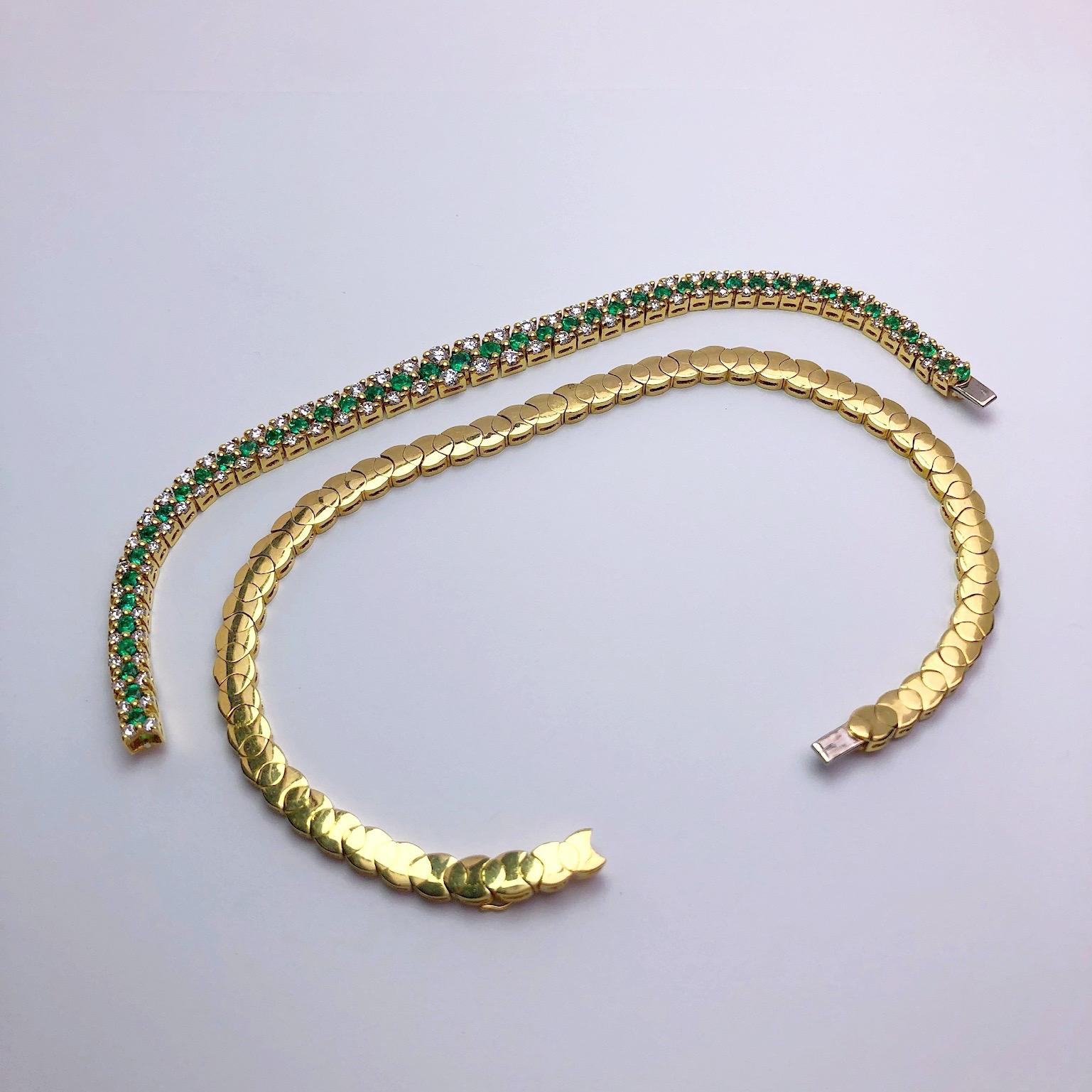 18 Karat Gold 3.68 Carat Emerald and 4.31 Carat Diamond Necklace and Bracelet For Sale 3