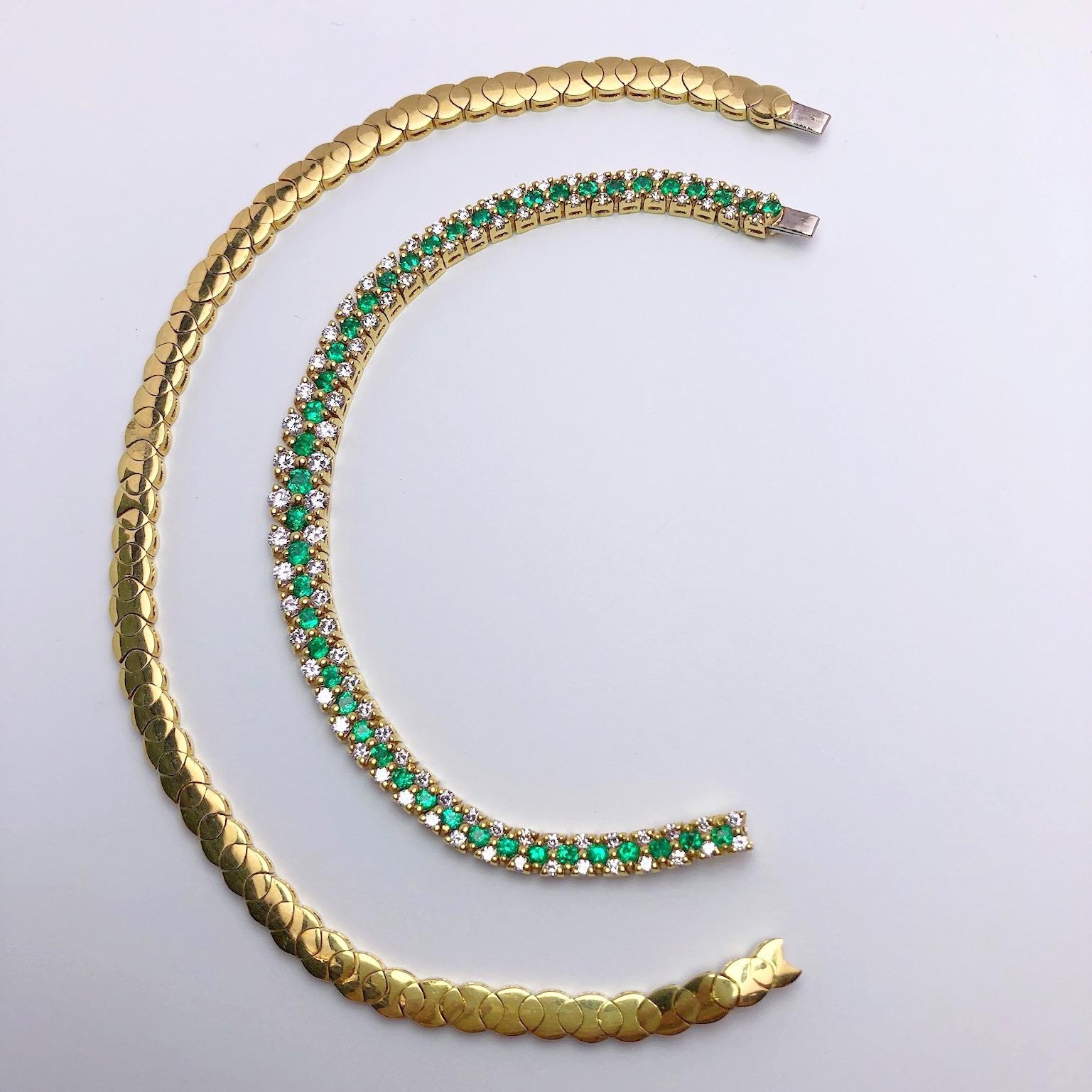 18 Karat Gold 3.68 Carat Emerald and 4.31 Carat Diamond Necklace and Bracelet For Sale 1