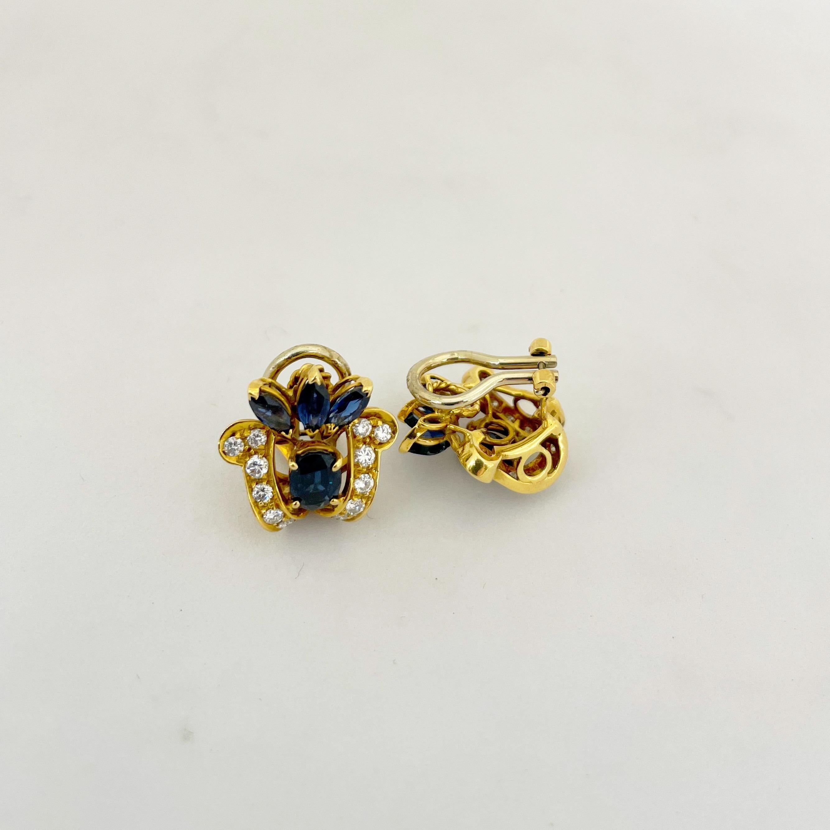 Oval Cut 18 Karat Yellow Gold 3.80 Carat Sapphire and .76 Carat Diamond Earrings For Sale