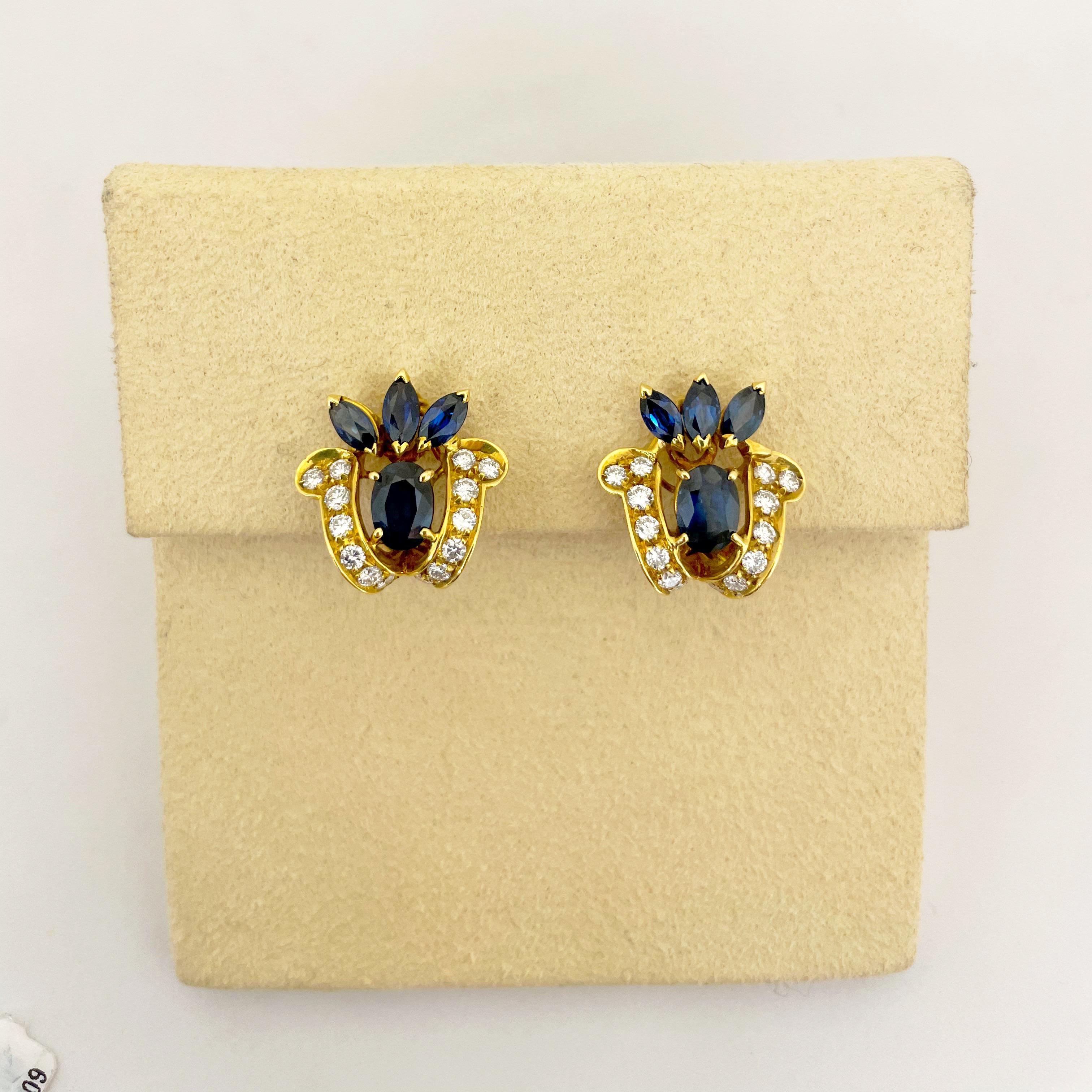 18 Karat Yellow Gold 3.80 Carat Sapphire and .76 Carat Diamond Earrings In New Condition For Sale In New York, NY