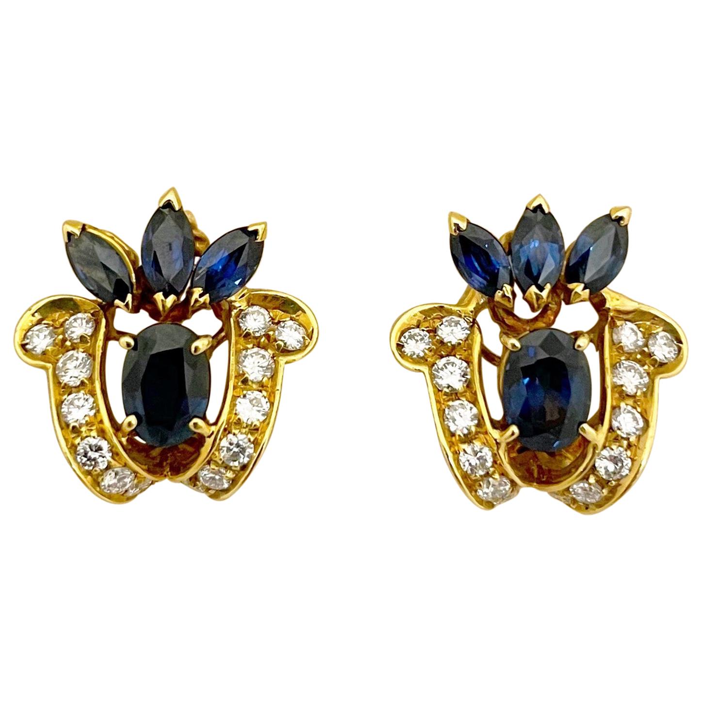 18 Karat Yellow Gold 3.80 Carat Sapphire and .76 Carat Diamond Earrings For Sale