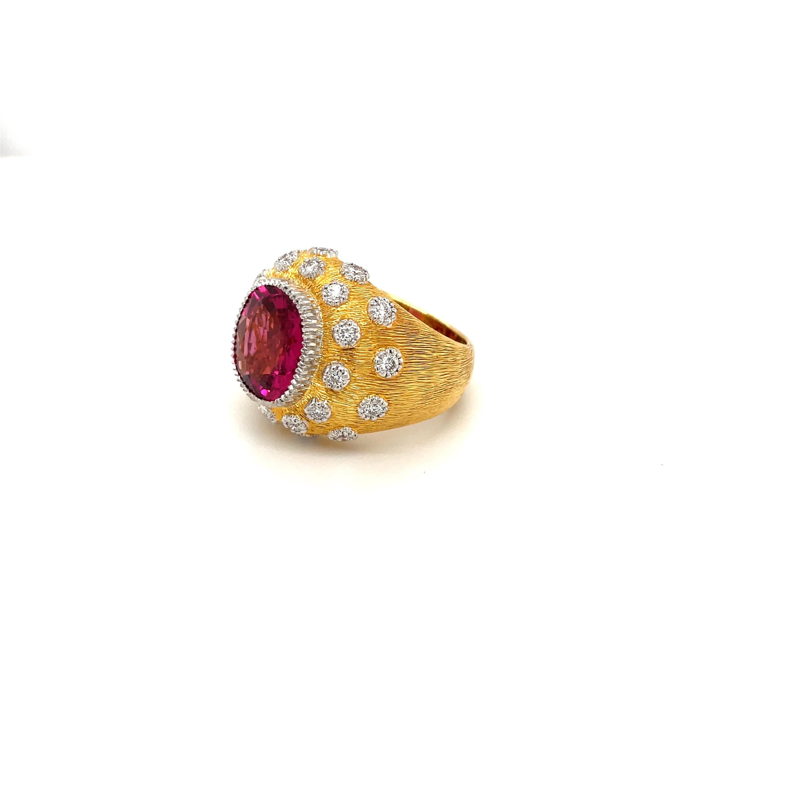 Contemporary 18kt Yellow Gold 4.40 Cts. Rubelite and .62ct Dome Cocktail Ring For Sale