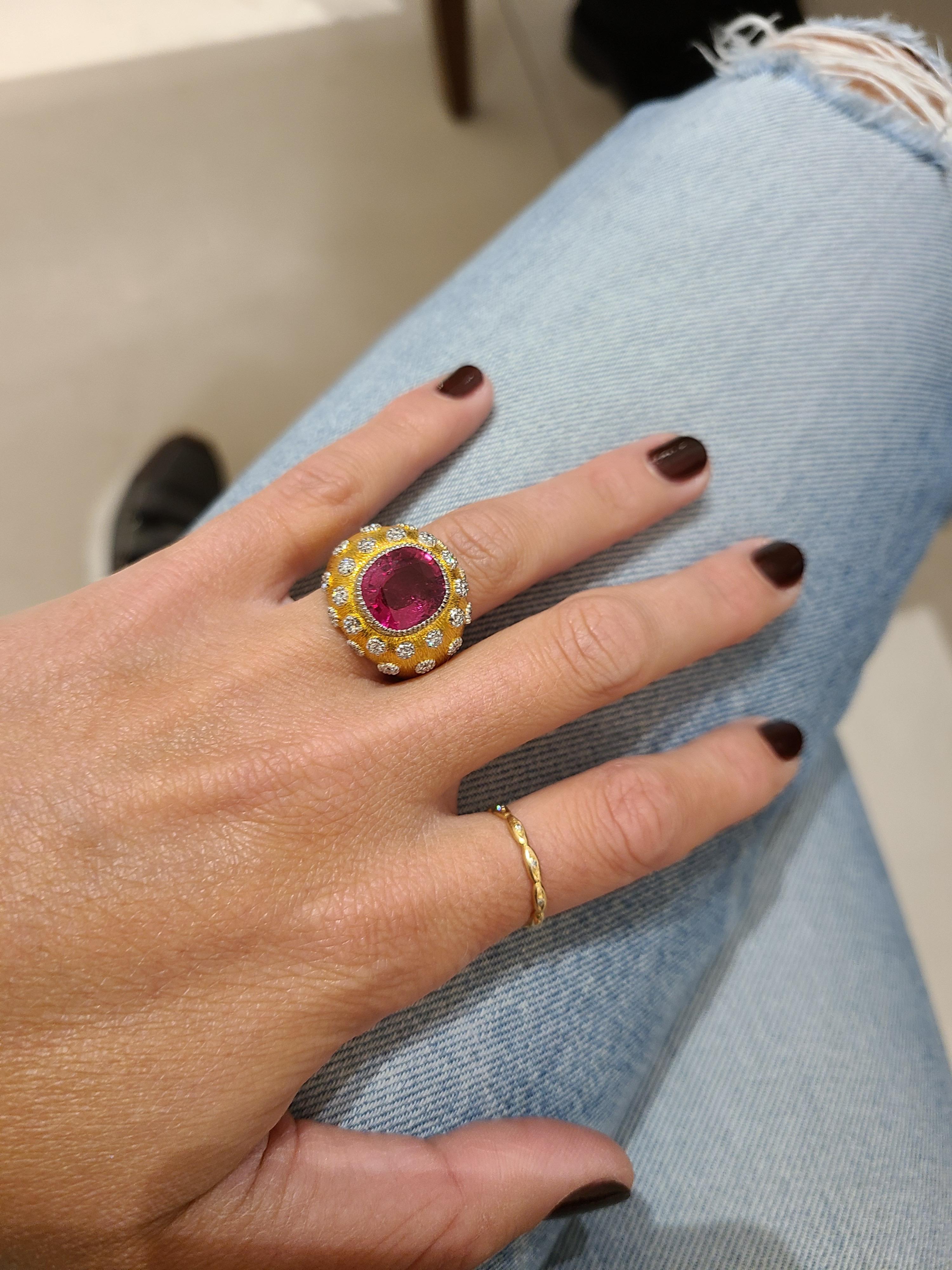 18kt Yellow Gold 4.40 Cts. Rubelite and .62ct Dome Cocktail Ring For Sale 2