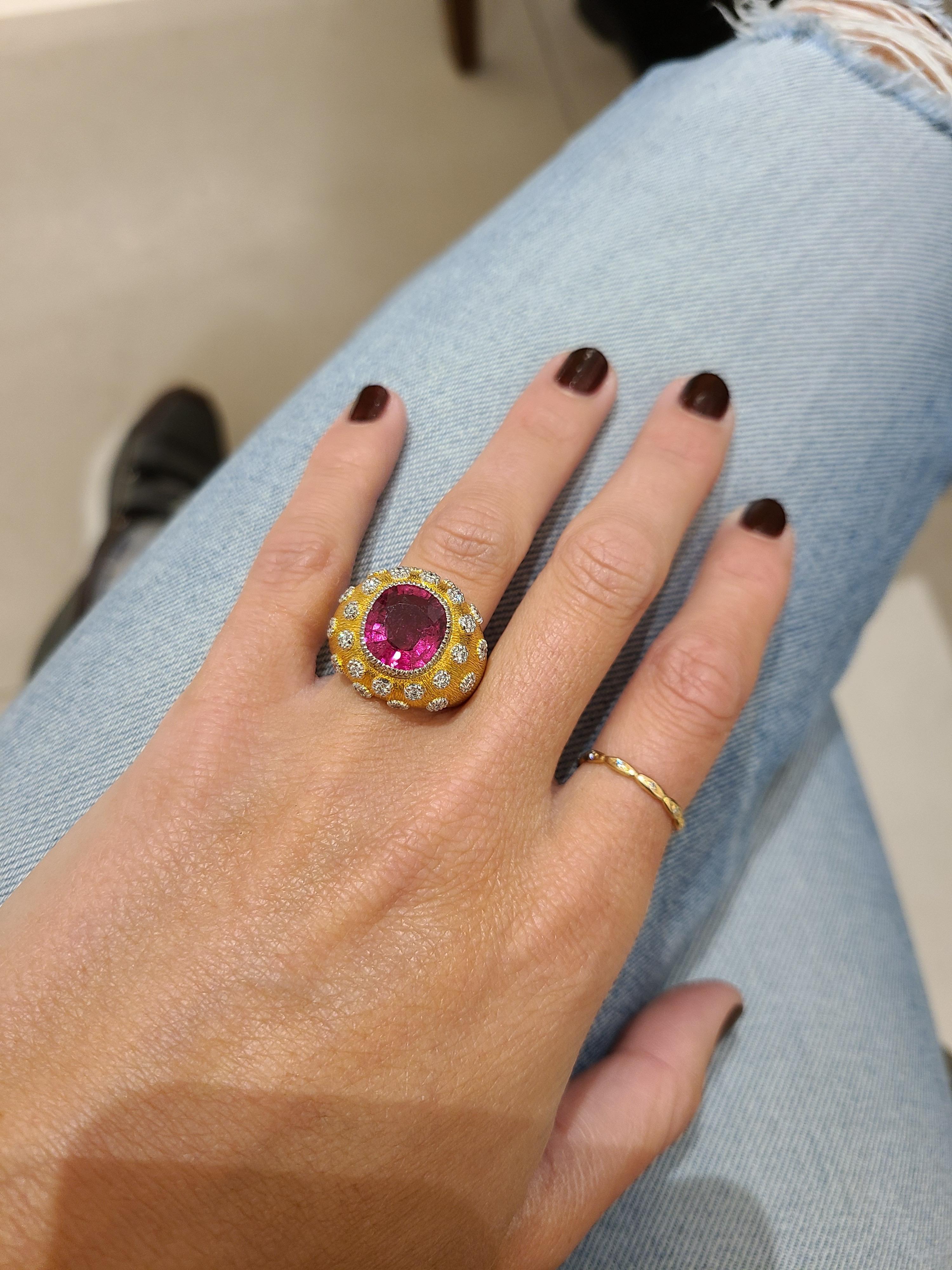 18kt Yellow Gold 4.40 Cts. Rubelite and .62ct Dome Cocktail Ring For Sale 3